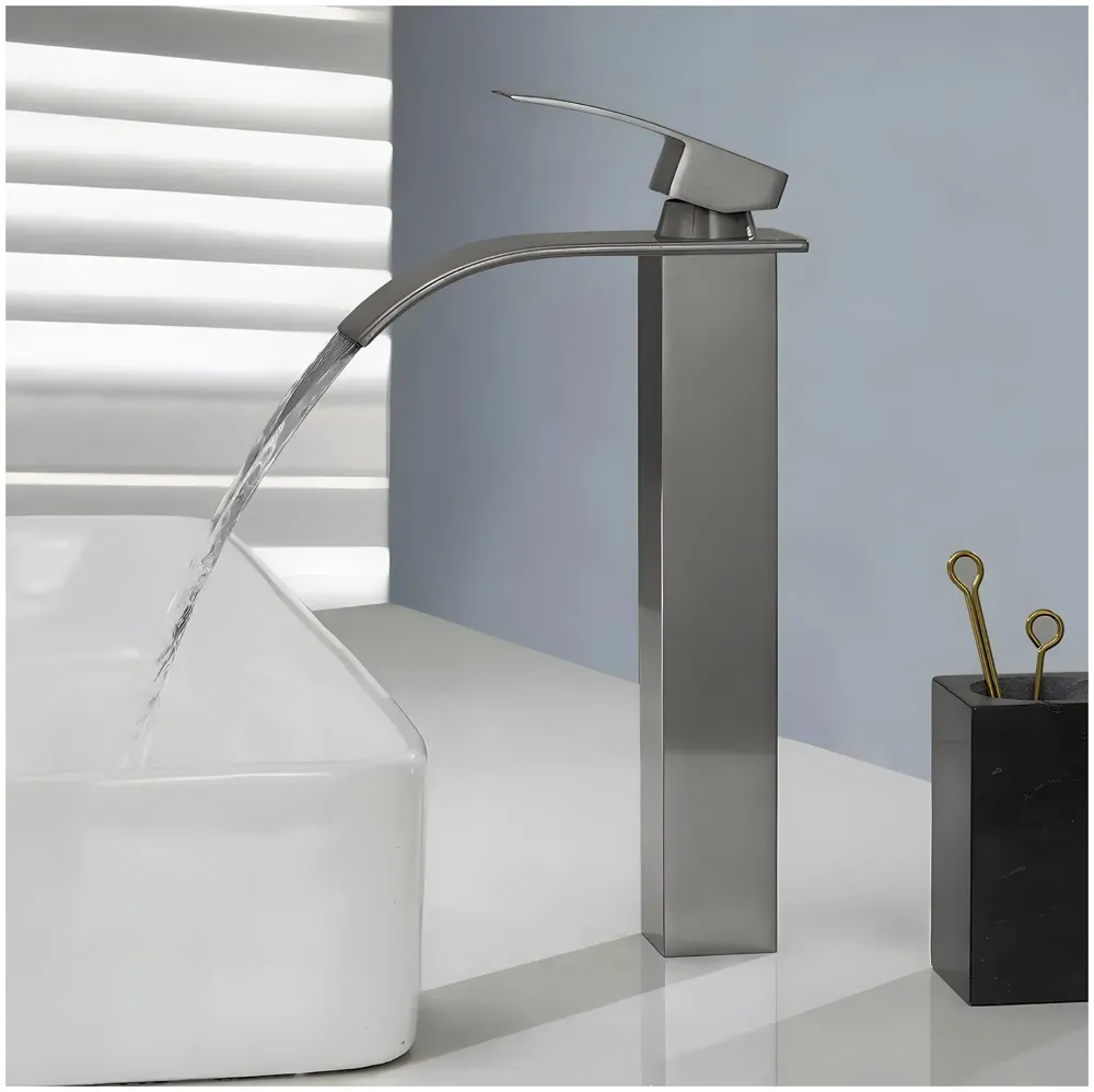 Dark Grey Tall Waterfall Faucet Waterfall Single Lever Basin Mixer Waterfall Tall Black, SS Material, for Bathroom Washbasins Toilets 12 Inches Height