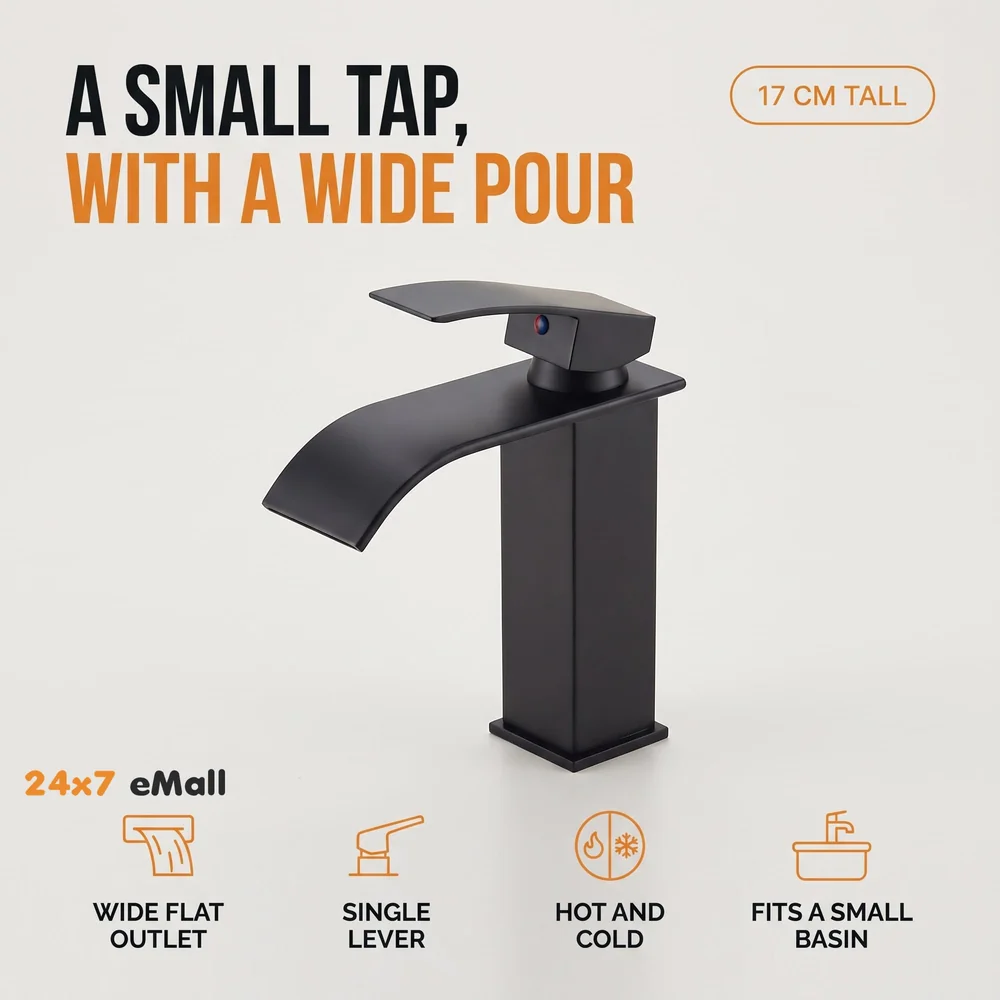Waterfall Black Basin Tap Faucet Mixer for Bathroom Toilet Wash Basins Hot and Cold Water Small Matt Black, SS Material, 7 Inches Height
