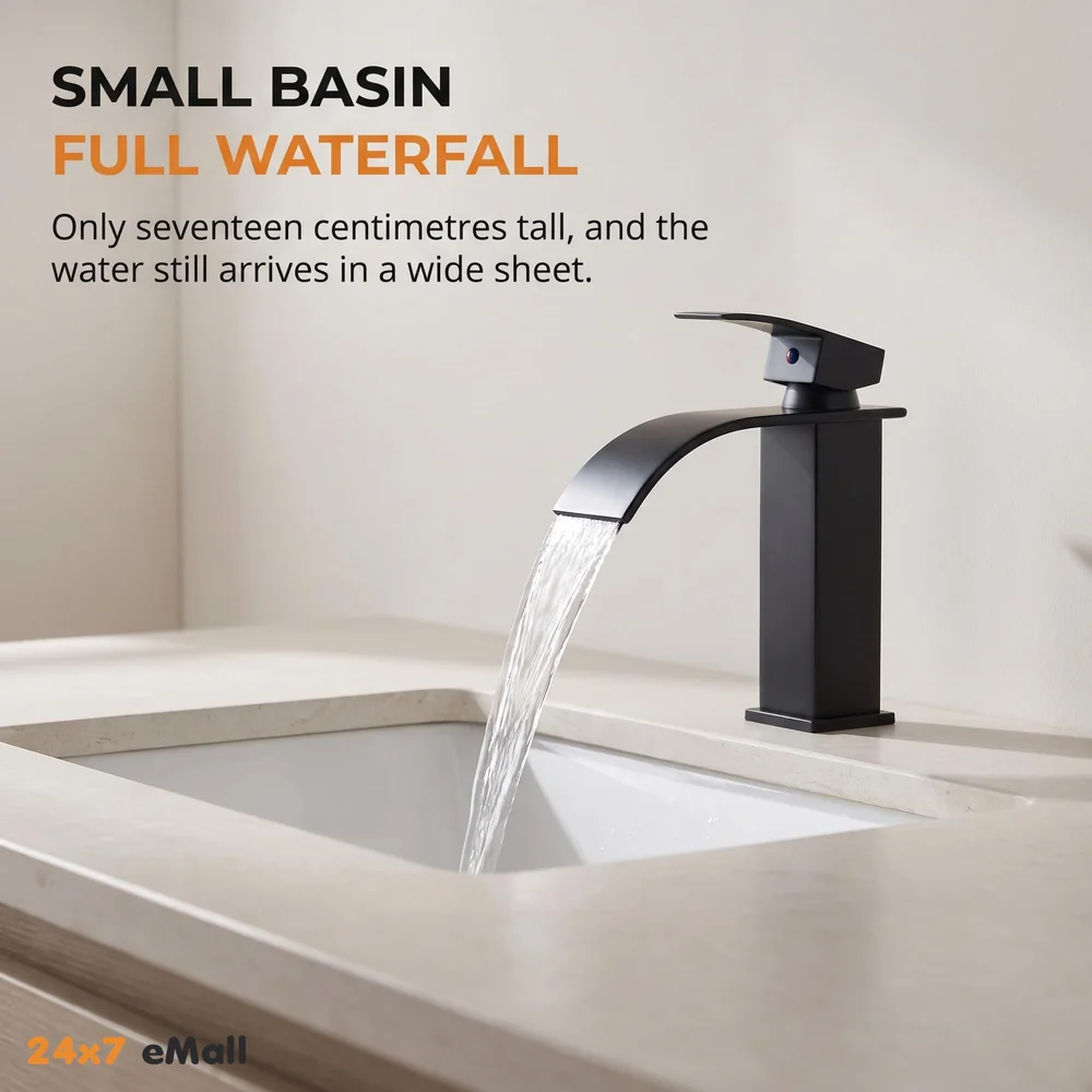 Waterfall Black Basin Tap Faucet Mixer for Bathroom Toilet Wash Basins Hot and Cold Water Small Matt Black, SS Material, 7 Inches Height
