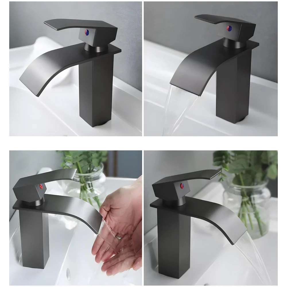 Waterfall Black Basin Tap Faucet Mixer for Bathroom Toilet Wash Basins Hot and Cold Water Small Matt Black, SS Material, 7 Inches Height