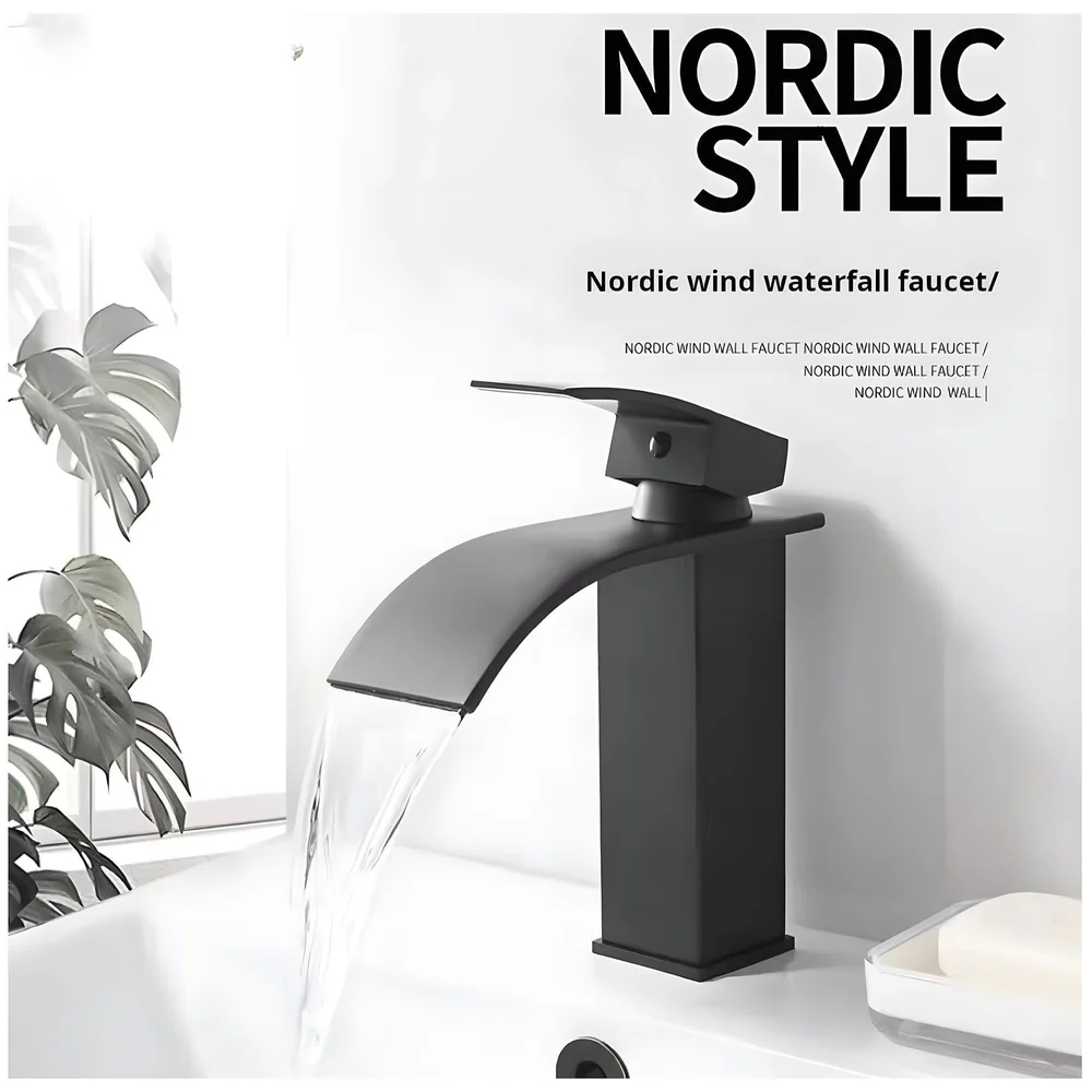 Waterfall Black Basin Tap Faucet Mixer for Bathroom Toilet Wash Basins Hot and Cold Water Small Matt Black, SS Material, 7 Inches Height