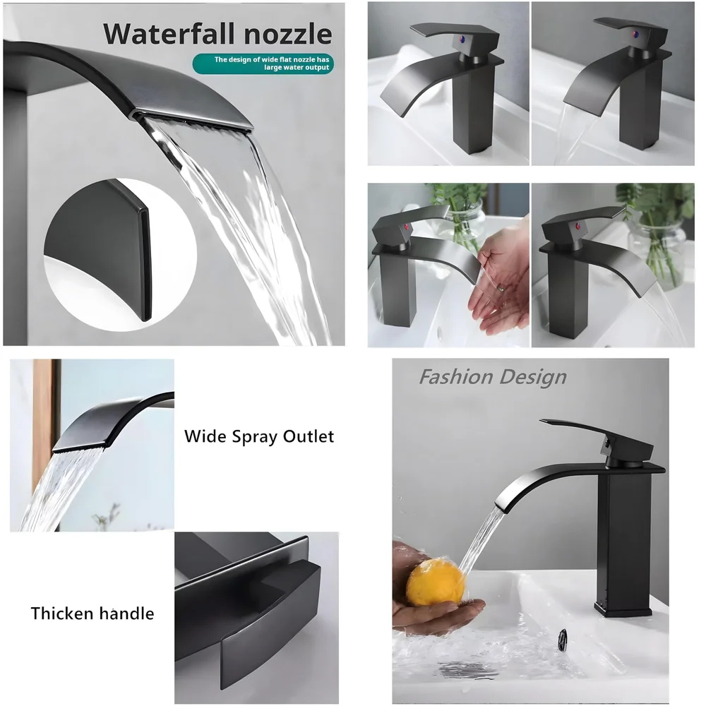Waterfall Black Basin Tap Faucet Mixer for Bathroom Toilet Wash Basins Hot and Cold Water Small Matt Black, SS Material, 7 Inches Height