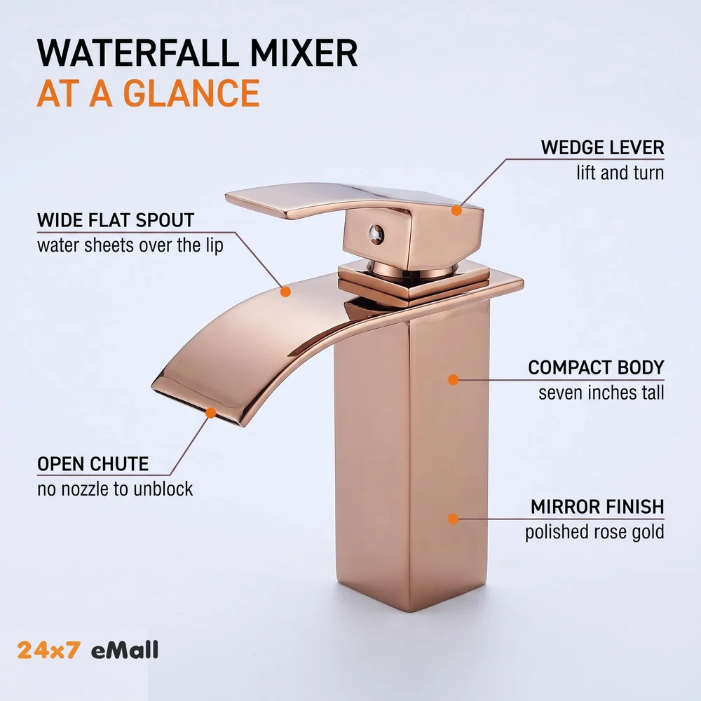 Rose Gold Tall Waterfall Faucet Waterfall Single Lever Basin Mixer Midnight Waterfall Small Black, SS Material, 7 Inches Height Rosey