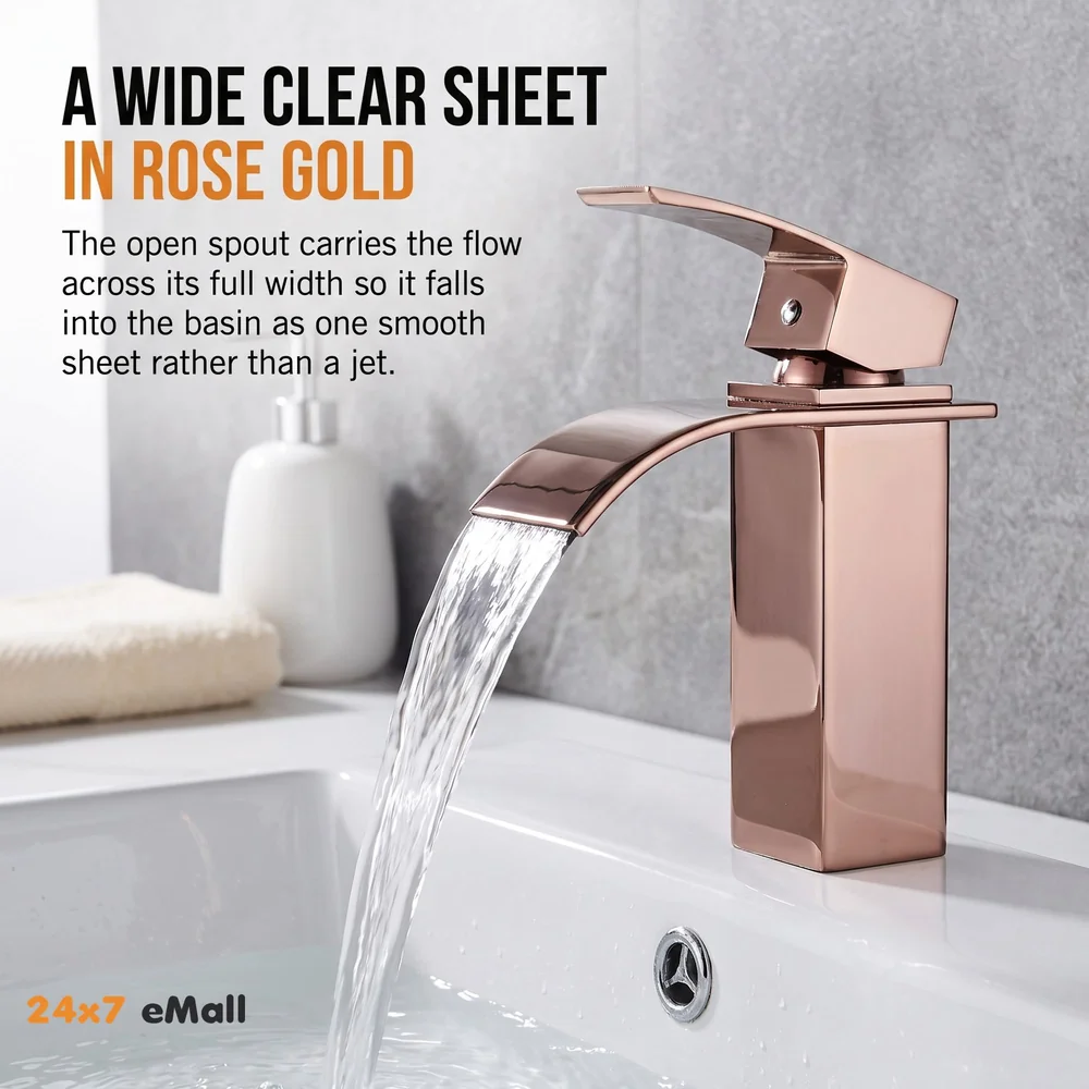 Rose Gold Tall Waterfall Faucet Waterfall Single Lever Basin Mixer Midnight Waterfall Small Black, SS Material, 7 Inches Height Rosey
