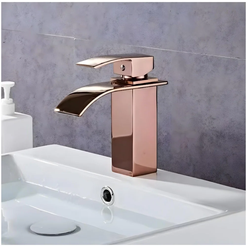 Rose Gold Tall Waterfall Faucet Waterfall Single Lever Basin Mixer Midnight Waterfall Small Black, SS Material, 7 Inches Height Rosey