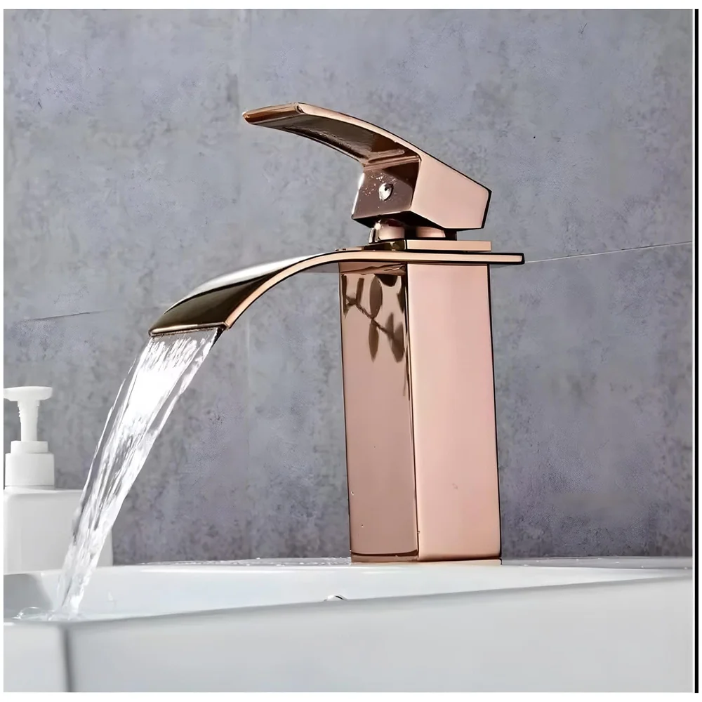 Rose Gold Tall Waterfall Faucet Waterfall Single Lever Basin Mixer Midnight Waterfall Small Black, SS Material, 7 Inches Height Rosey