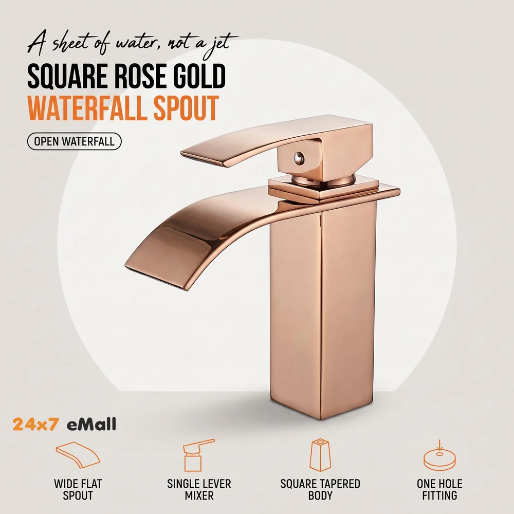 Rose Gold Tall Waterfall Faucet Waterfall Single Lever Basin Mixer Midnight Waterfall Small Black, SS Material, 7 Inches Height Rosey