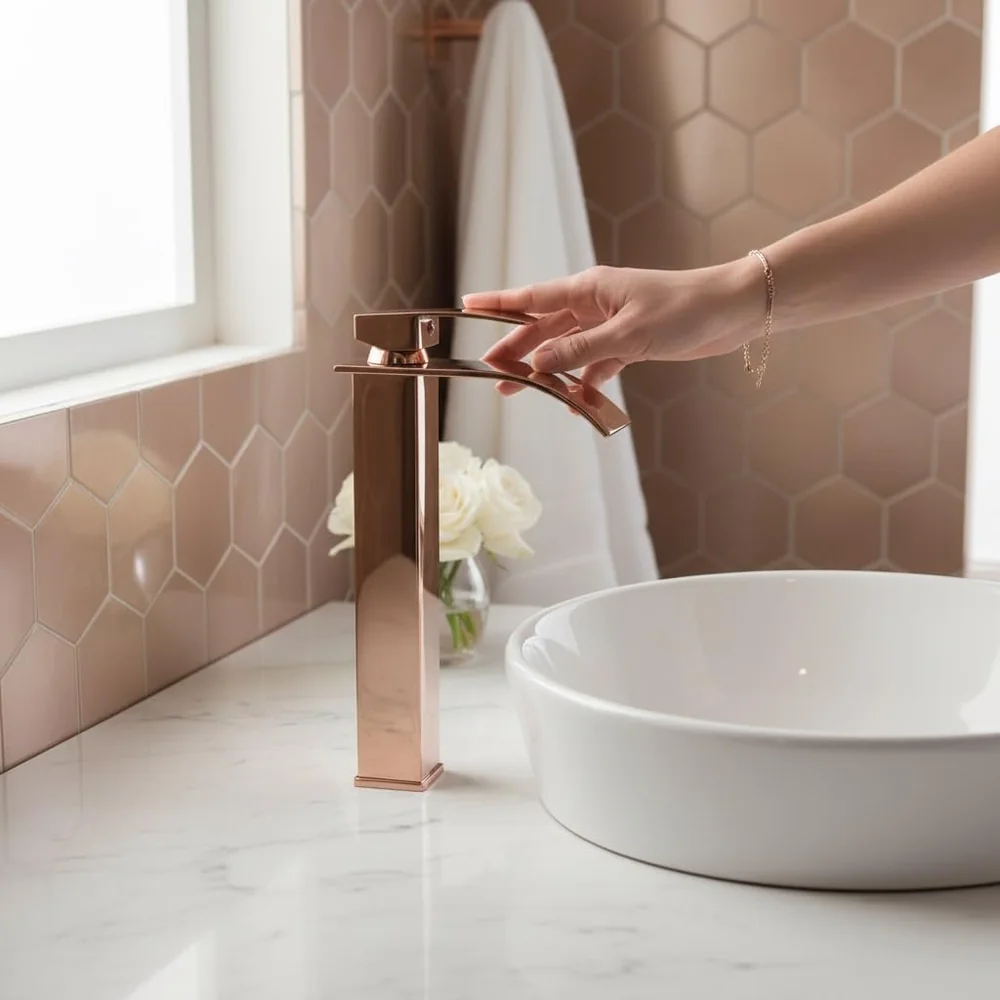 Rose Gold Tall Waterfall Faucet Waterfall Single Lever Basin Mixer Rosegold Waterfall Tall, SS Material, 12 Inches Height Rosey