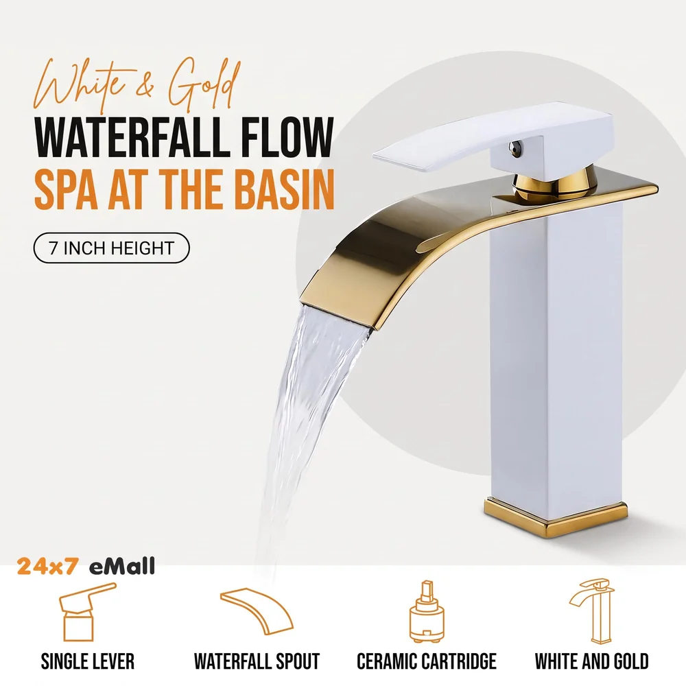24x7 eMal White Gold Waterfall Faucet Waterfall Single Lever Basin Mixer for Bathroom Toilet Basins Small, SS Material, 7 Inches Height