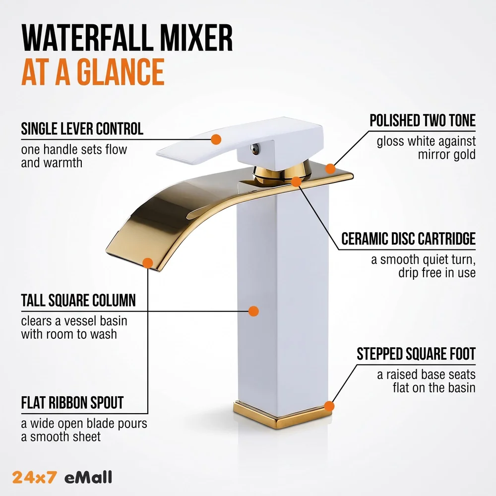 24x7 eMal White Gold Waterfall Faucet Waterfall Single Lever Basin Mixer for Bathroom Toilet Basins Small, SS Material, 7 Inches Height