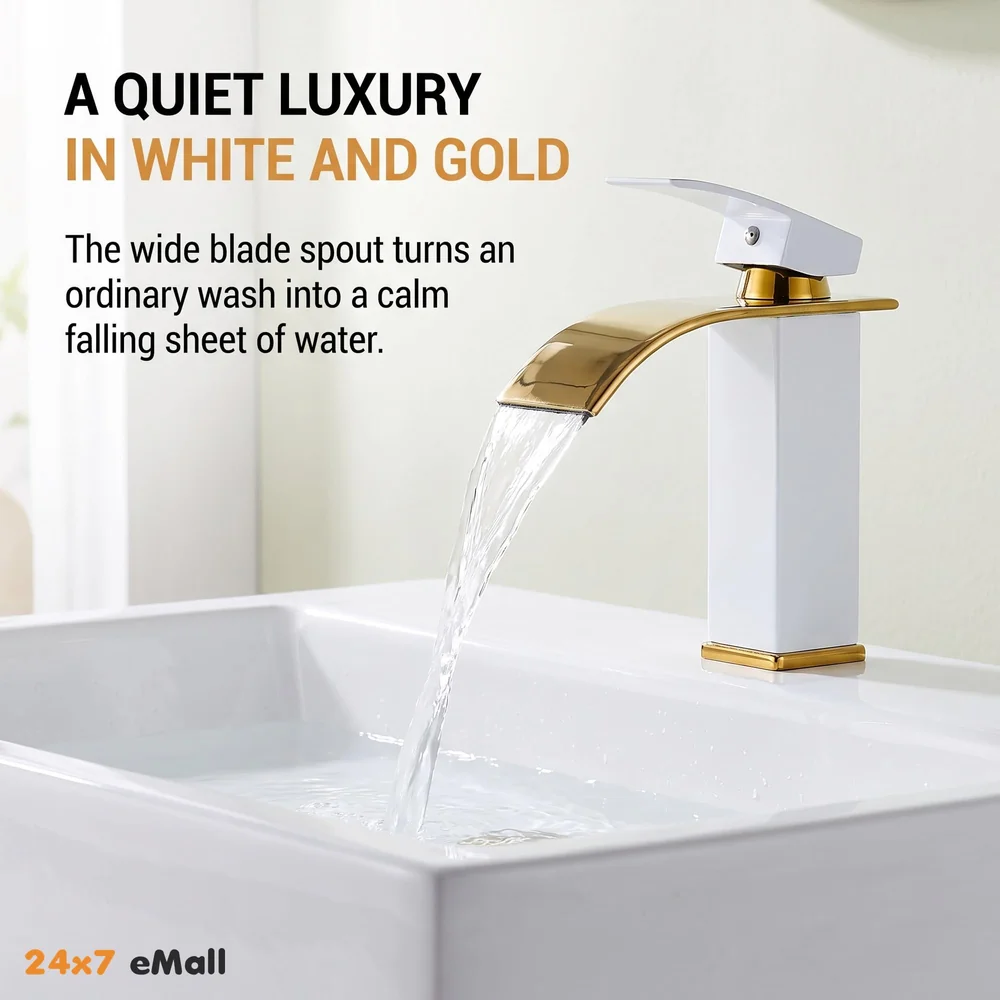 24x7 eMal White Gold Waterfall Faucet Waterfall Single Lever Basin Mixer for Bathroom Toilet Basins Small, SS Material, 7 Inches Height