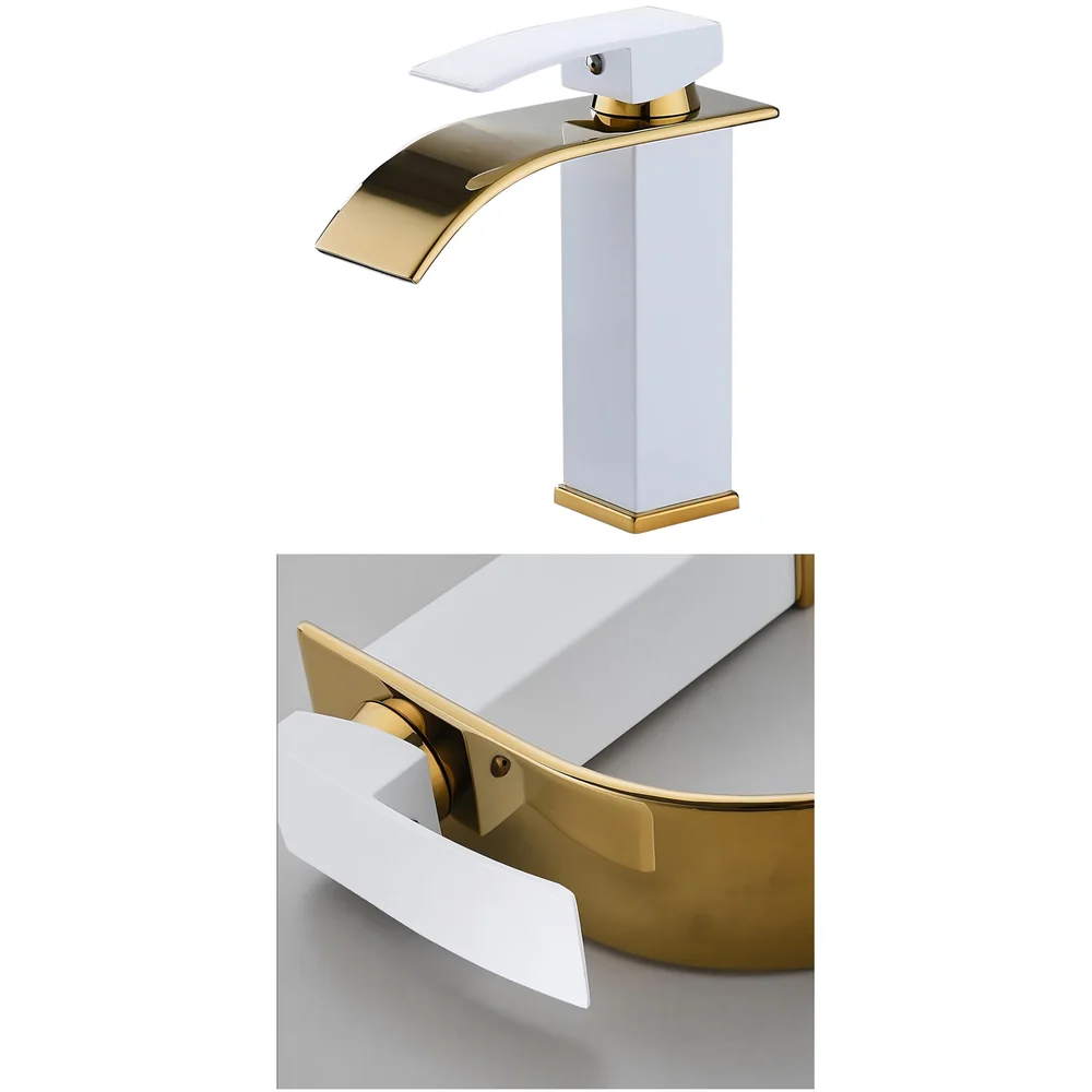 24x7 eMal White Gold Waterfall Faucet Waterfall Single Lever Basin Mixer for Bathroom Toilet Basins Small, SS Material, 7 Inches Height