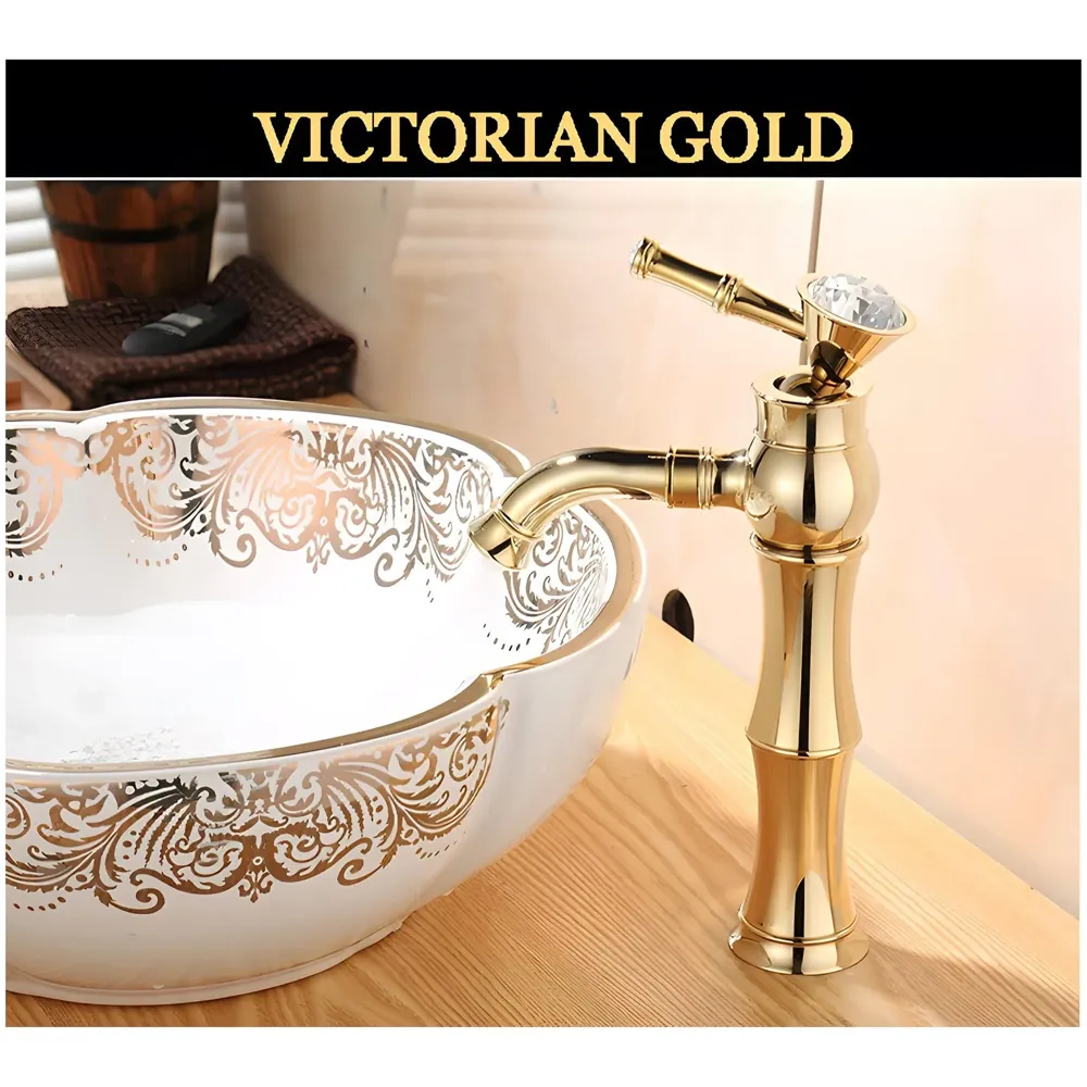 Gold Basin Faucet Tap Mixer for Bathroom Toilet Wash Basins Hot and Cold Water (Without pop-up) (Victorian Gold) 12 inches Height Golden Colour.