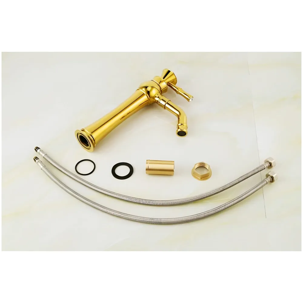 Gold Basin Faucet Tap Mixer for Bathroom Toilet Wash Basins Hot and Cold Water (Without pop-up) (Victorian Gold) 12 inches Height Golden Colour.