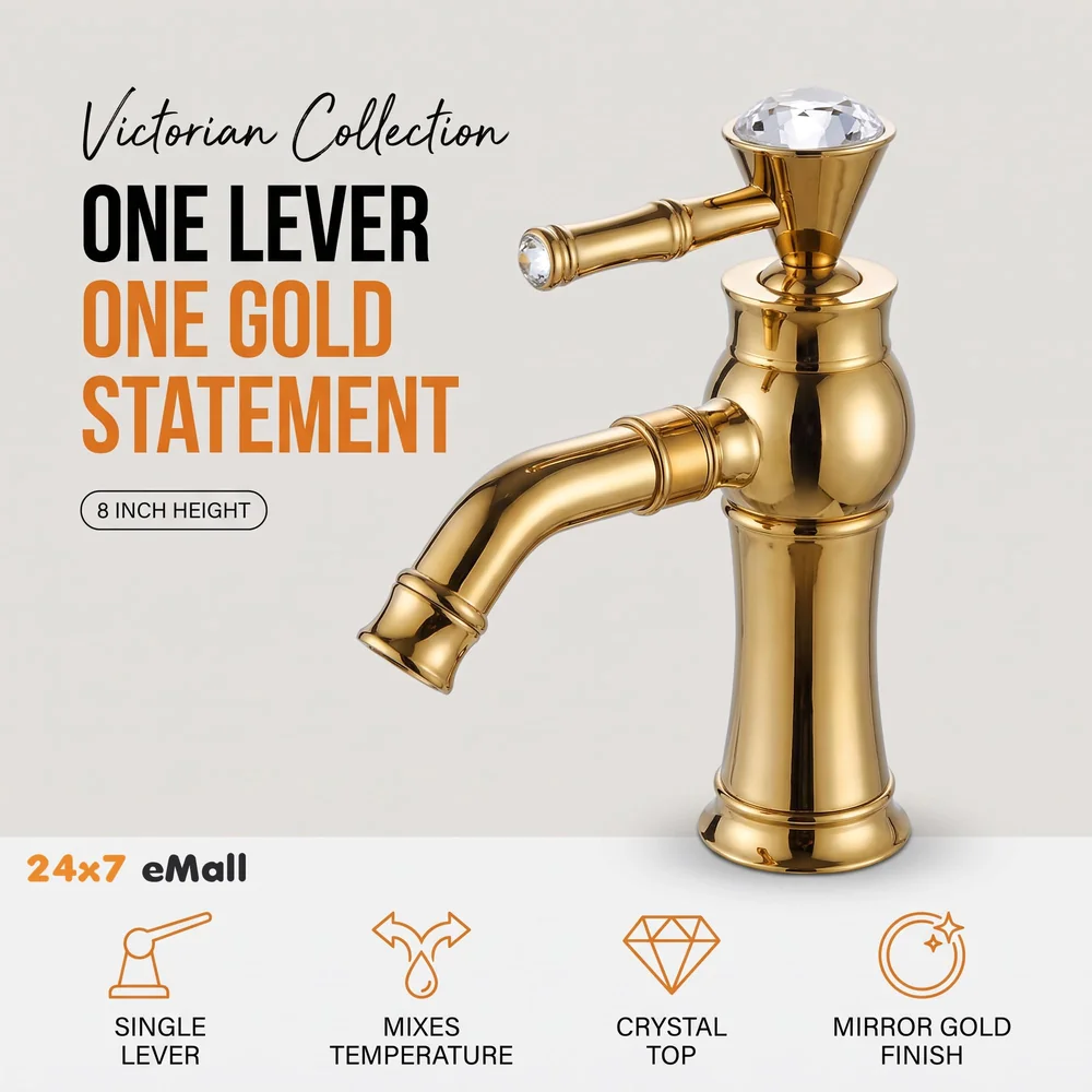 Gold Basin Tap Faucet Mixer for Bathroom Toilet Wash Basins Hot and Cold Water | Victorian Collection | 8 inches Height Golden Colour
