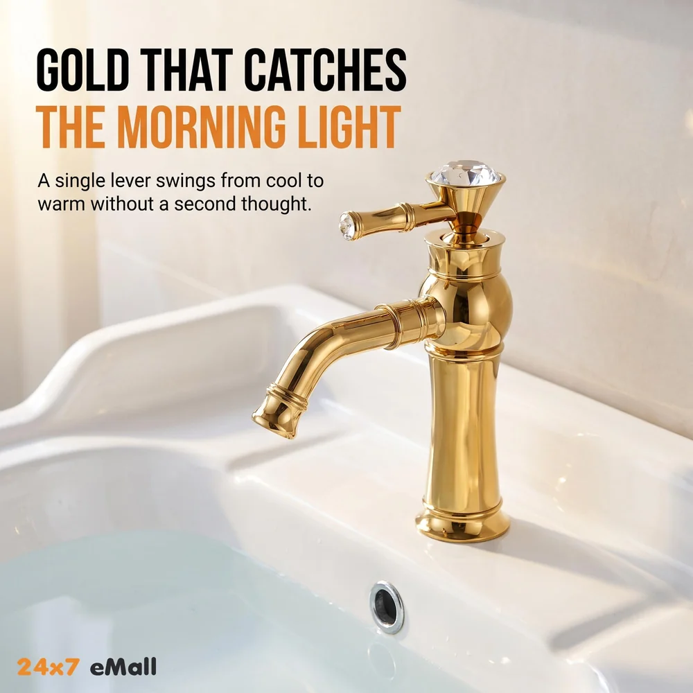Gold Basin Tap Faucet Mixer for Bathroom Toilet Wash Basins Hot and Cold Water | Victorian Collection | 8 inches Height Golden Colour
