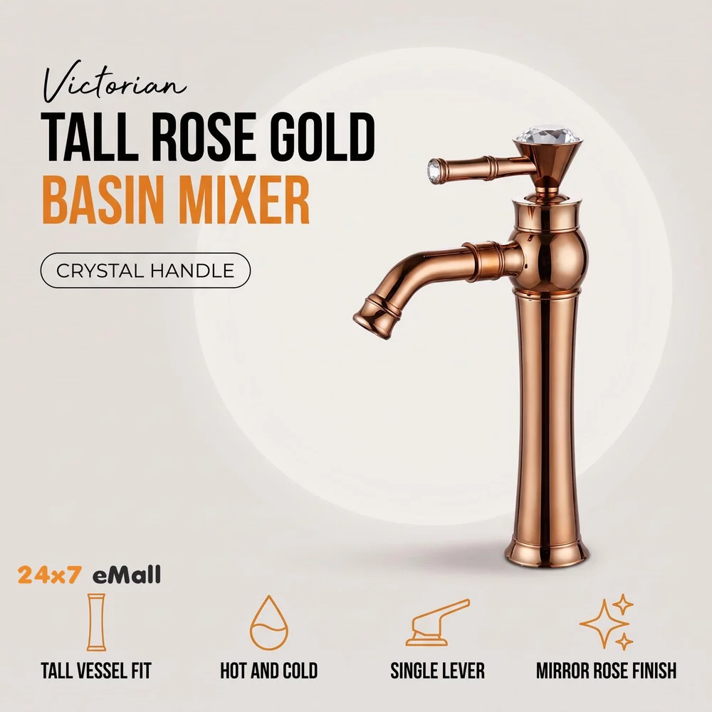 Rose Gold Basin Tap Faucet Mixer for Bathroom Toilet Wash Basins Hot and Cold Water (Without pop-up) (Victorian Rose Gold) 12 Inches Height