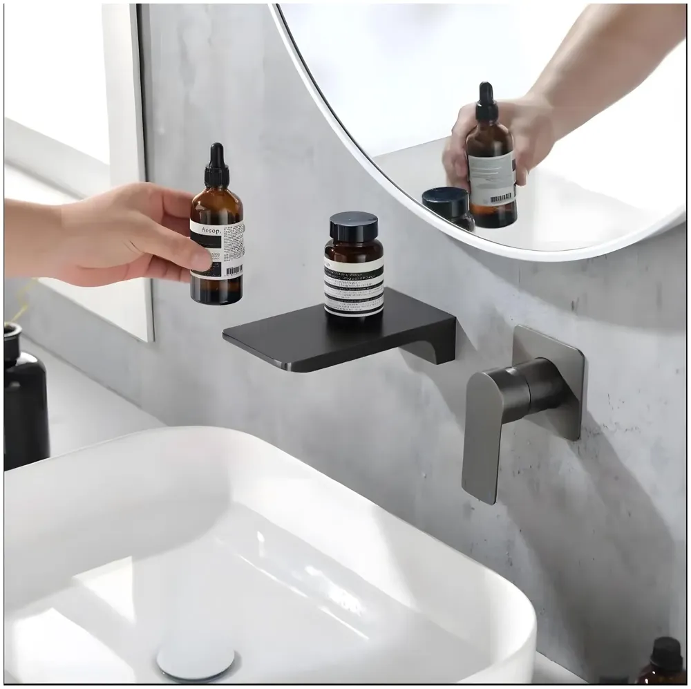 Brass Black Wall Mixer Waterfall Hot and Cold Basin Tap Faucet Basin Mixer Wall Mounted Mixer with Concealed Parts, for Bathroom Wash Basin Matt Black -18cm x 9.5Cm
