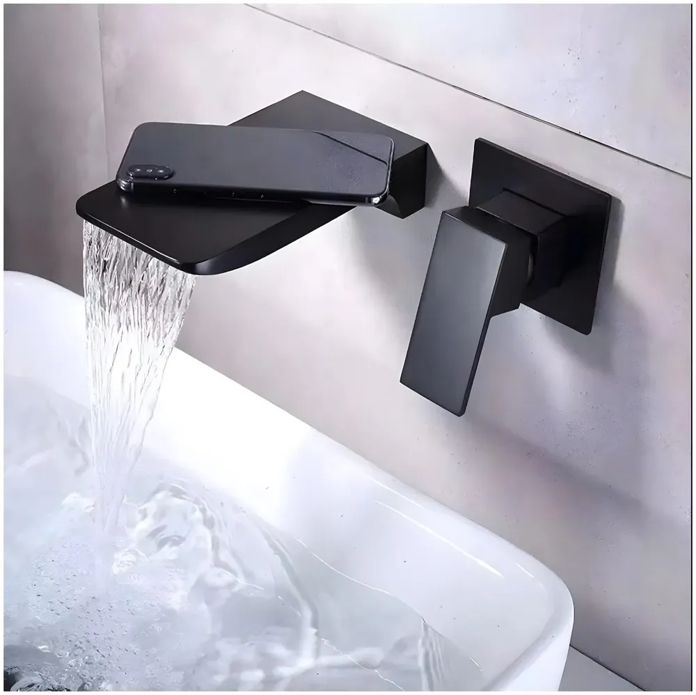 Brass Black Wall Mixer Waterfall Hot and Cold Basin Tap Faucet Basin Mixer Wall Mounted Mixer with Concealed Parts, for Bathroom Wash Basin Matt Black -18cm x 9.5Cm