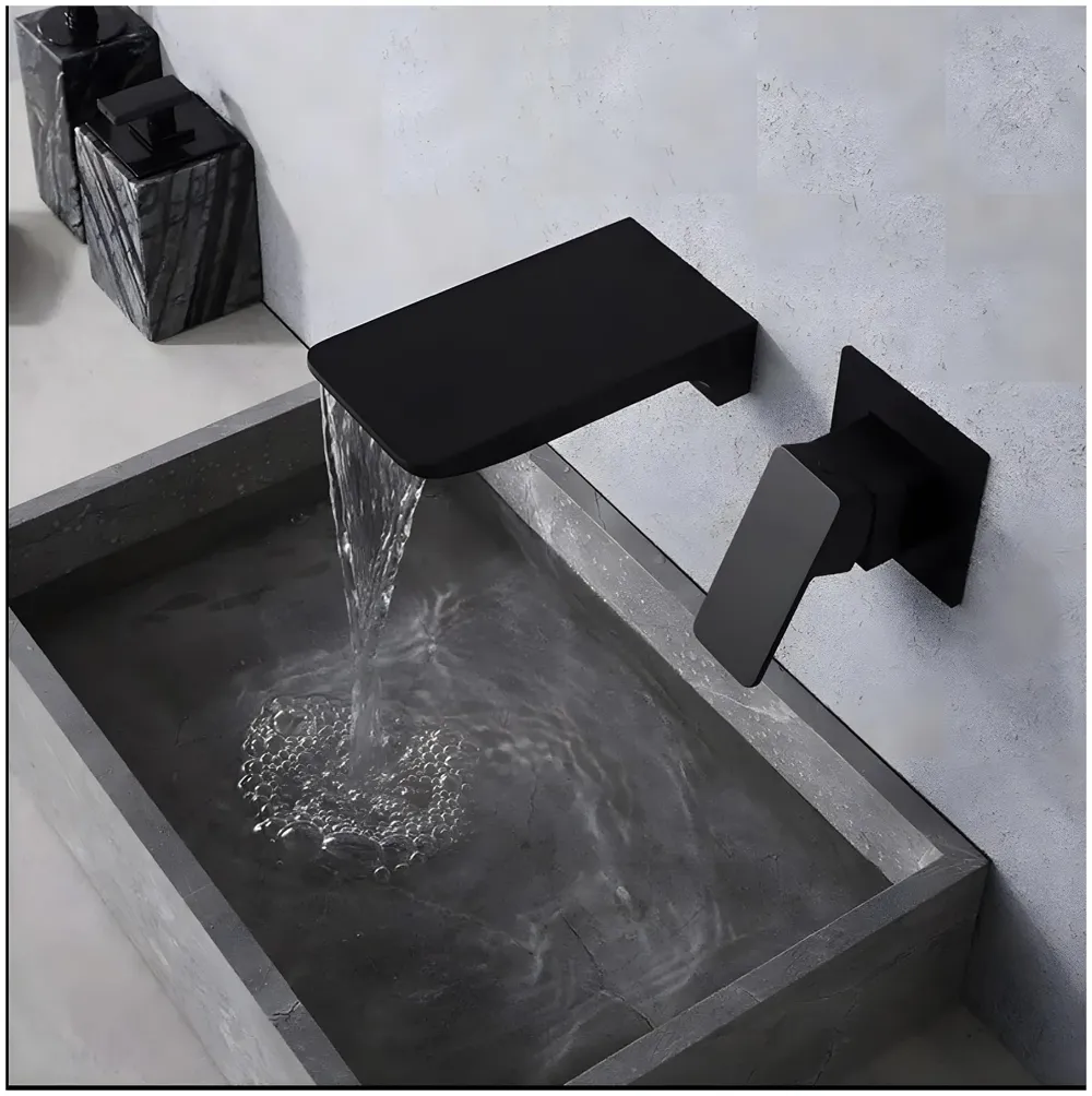 Brass Black Wall Mixer Waterfall Hot and Cold Basin Tap Faucet Basin Mixer Wall Mounted Mixer with Concealed Parts, for Bathroom Wash Basin Matt Black -18cm x 9.5Cm