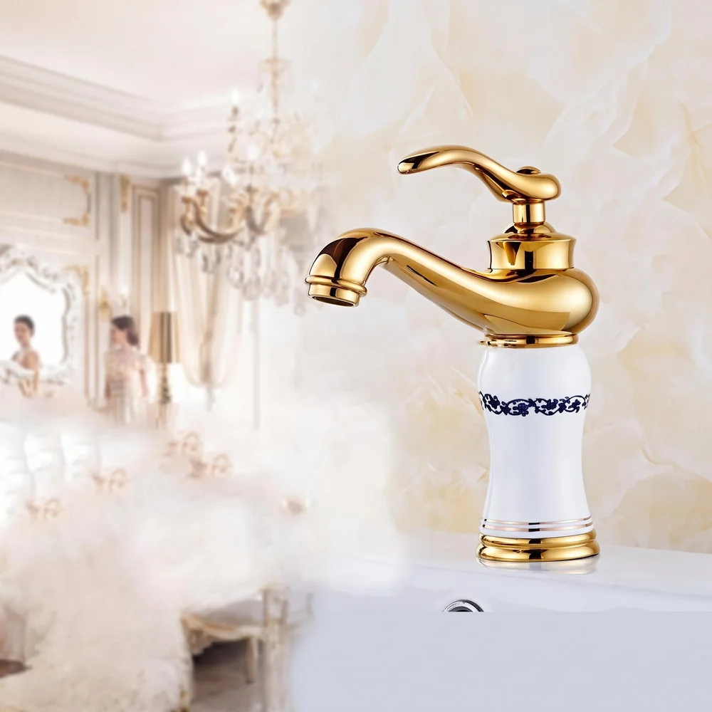 White Gold Basin Tap Faucet Mixer for Bathroom Toilet Wash Basins Hot and Cold Water (Without pop-up) (White Flower) 7 inches Height