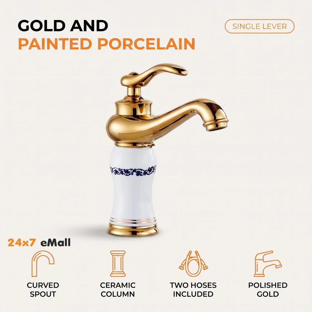 White Gold Basin Tap Faucet Mixer for Bathroom Toilet Wash Basins Hot and Cold Water (Without pop-up) (White Flower) 7 inches Height