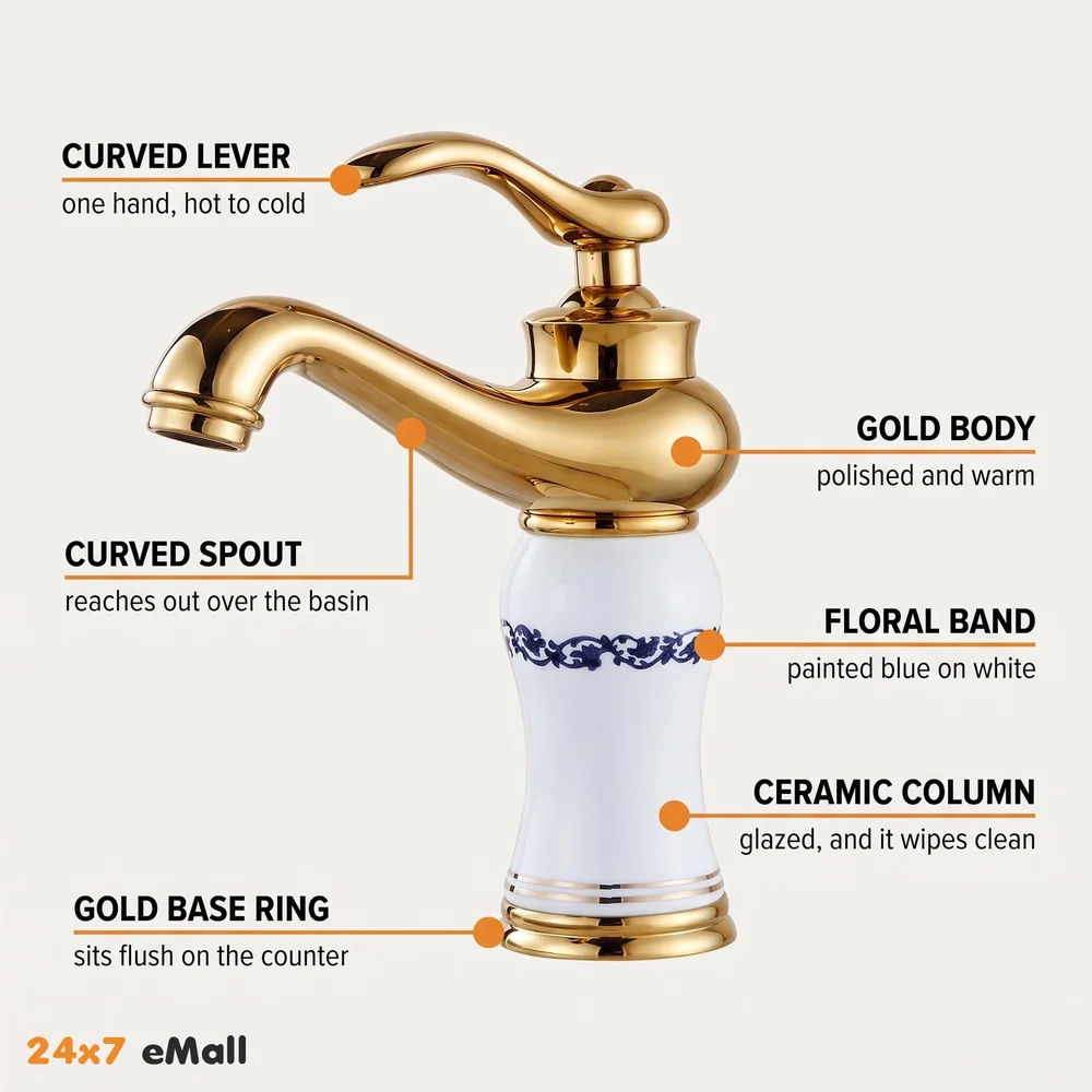 White Gold Basin Tap Faucet Mixer for Bathroom Toilet Wash Basins Hot and Cold Water (Without pop-up) (White Flower) 7 inches Height