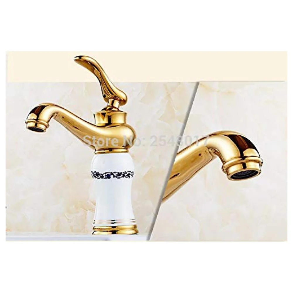 White Gold Basin Tap Faucet Mixer for Bathroom Toilet Wash Basins Hot and Cold Water (Without pop-up) (White Flower) 7 inches Height