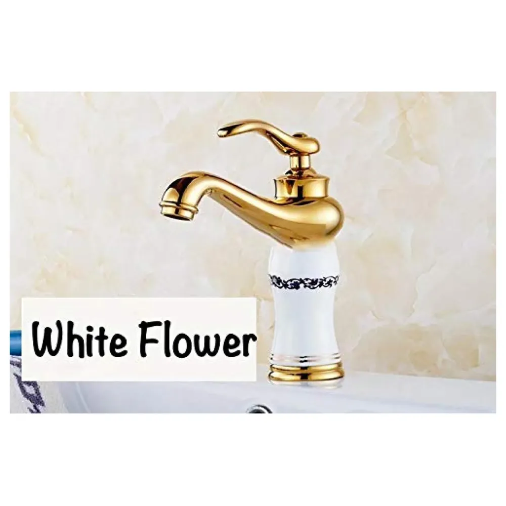 White Gold Basin Tap Faucet Mixer for Bathroom Toilet Wash Basins Hot and Cold Water (Without pop-up) (White Flower) 7 inches Height