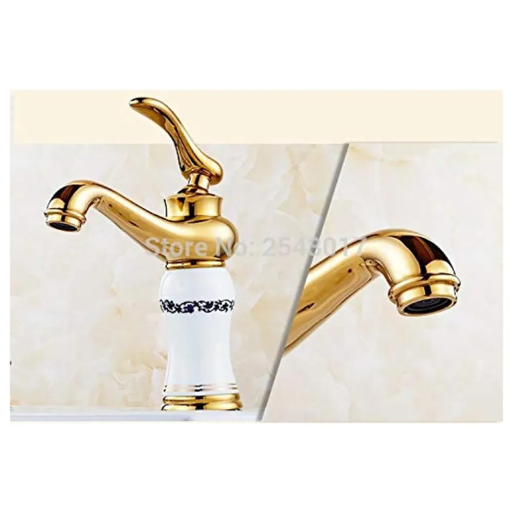 White Gold Basin Tap Faucet Mixer for Bathroom Toilet Wash Basins Hot and Cold Water (Without pop-up) (White Flower) 7 inches Height