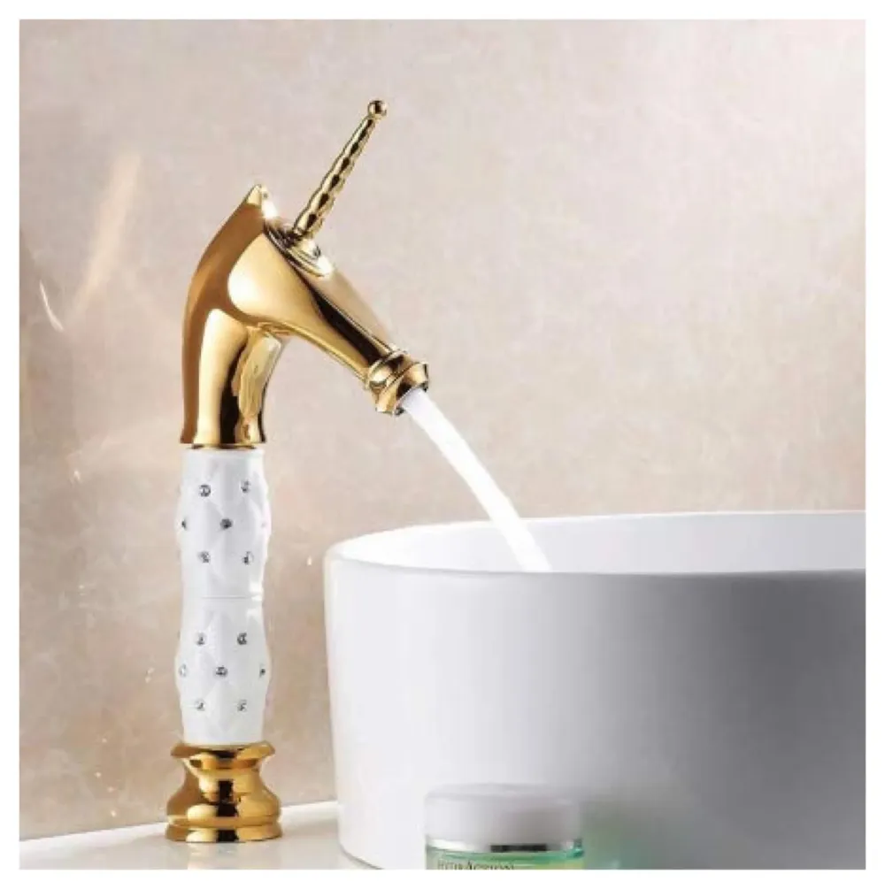 Unicorn Heavy Single Lever Basin Mixer ~ with 2 Braided Connection Pipes 450mm (Without pop-up) (White Gold)