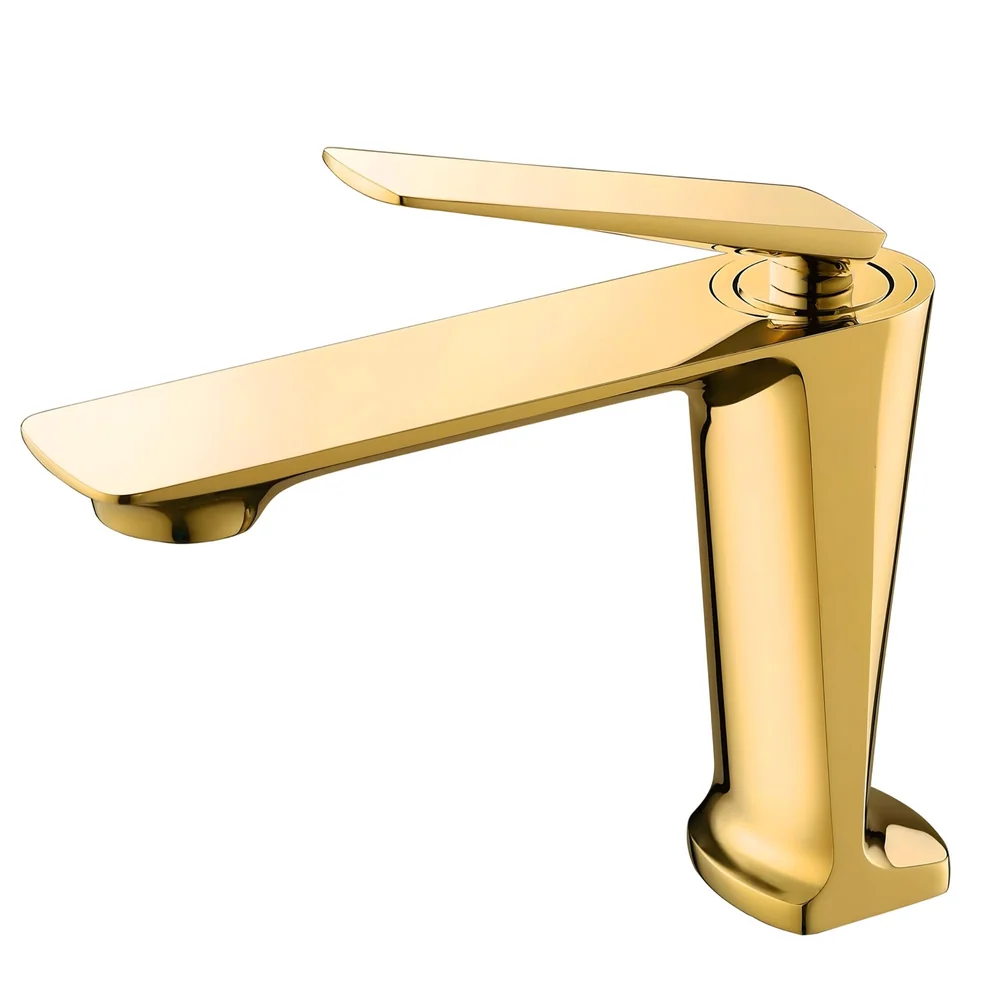 Gold Faucet Tap Mixer Hot and Cold Water Heavy Single Lever Basin Mixer with Ceramic Cartridge for Bathroom Wash Basins - 15 cm x 17cm - Golden