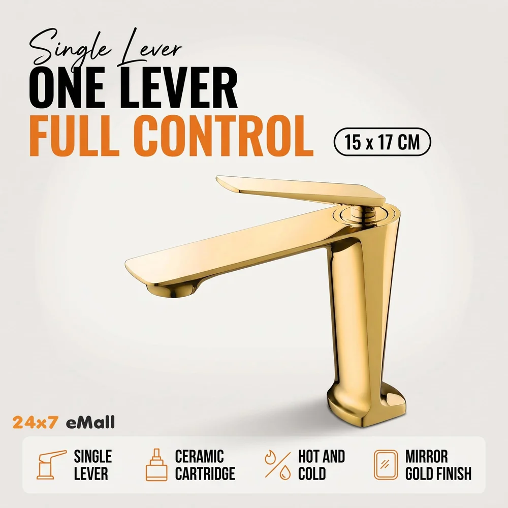 Gold Faucet Tap Mixer Hot and Cold Water Heavy Single Lever Basin Mixer with Ceramic Cartridge for Bathroom Wash Basins - 15 cm x 17cm - Golden