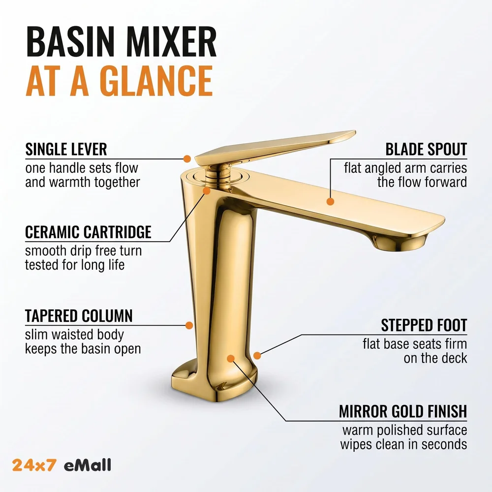 Gold Faucet Tap Mixer Hot and Cold Water Heavy Single Lever Basin Mixer with Ceramic Cartridge for Bathroom Wash Basins - 15 cm x 17cm - Golden