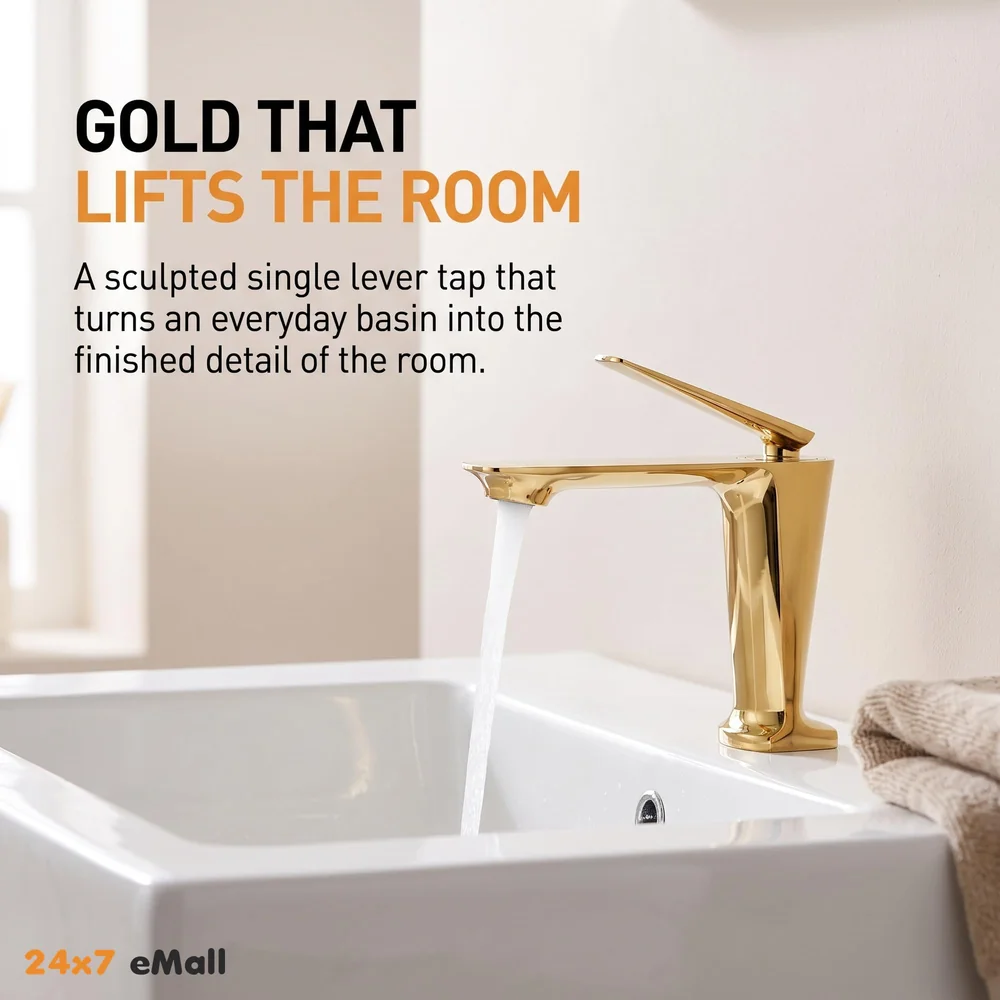 Gold Faucet Tap Mixer Hot and Cold Water Heavy Single Lever Basin Mixer with Ceramic Cartridge for Bathroom Wash Basins - 15 cm x 17cm - Golden