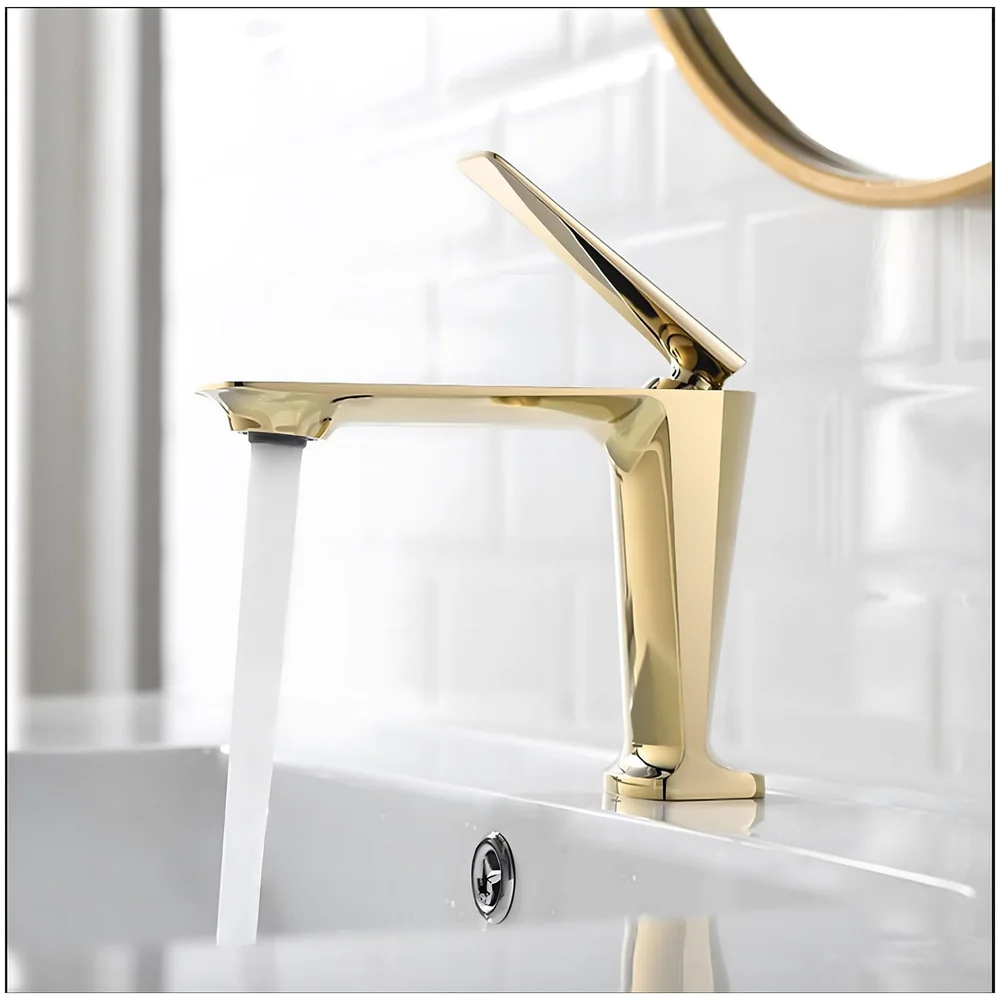 Gold Faucet Tap Mixer Hot and Cold Water Heavy Single Lever Basin Mixer with Ceramic Cartridge for Bathroom Wash Basins - 15 cm x 17cm - Golden