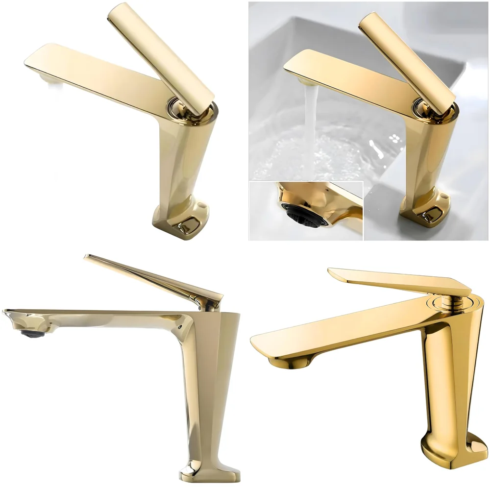 Gold Faucet Tap Mixer Hot and Cold Water Heavy Single Lever Basin Mixer with Ceramic Cartridge for Bathroom Wash Basins - 15 cm x 17cm - Golden