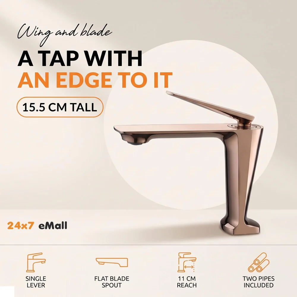 Rose Gold Faucet Tap Mixer Hot and Cold Water Heavy Single Lever Basin Mixer with Ceramic Cartridge for Bathroom Wash Basins - 15 cm x 17cm - Rose Gold