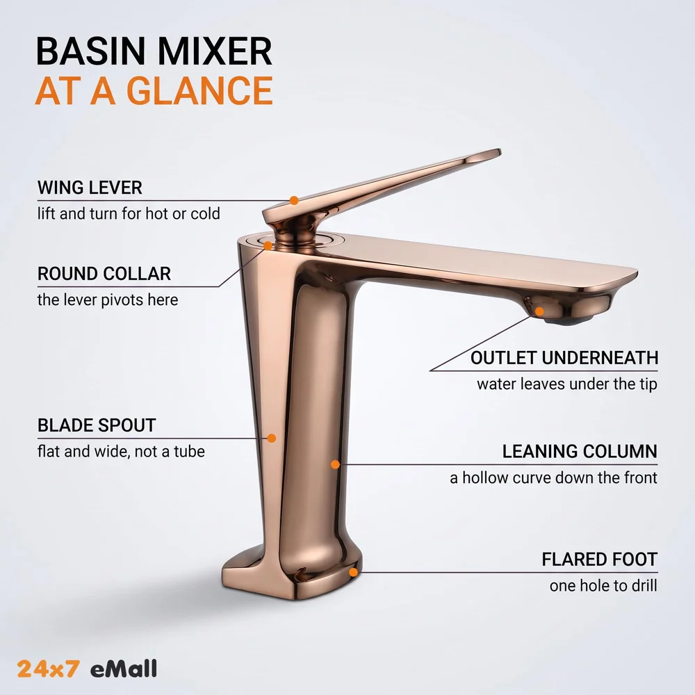 Rose Gold Faucet Tap Mixer Hot and Cold Water Heavy Single Lever Basin Mixer with Ceramic Cartridge for Bathroom Wash Basins - 15 cm x 17cm - Rose Gold