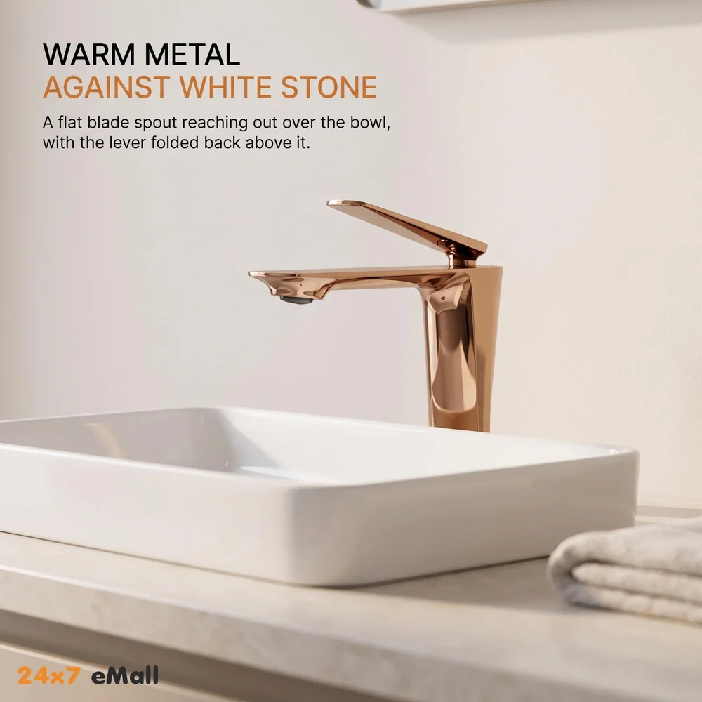 Rose Gold Faucet Tap Mixer Hot and Cold Water Heavy Single Lever Basin Mixer with Ceramic Cartridge for Bathroom Wash Basins - 15 cm x 17cm - Rose Gold