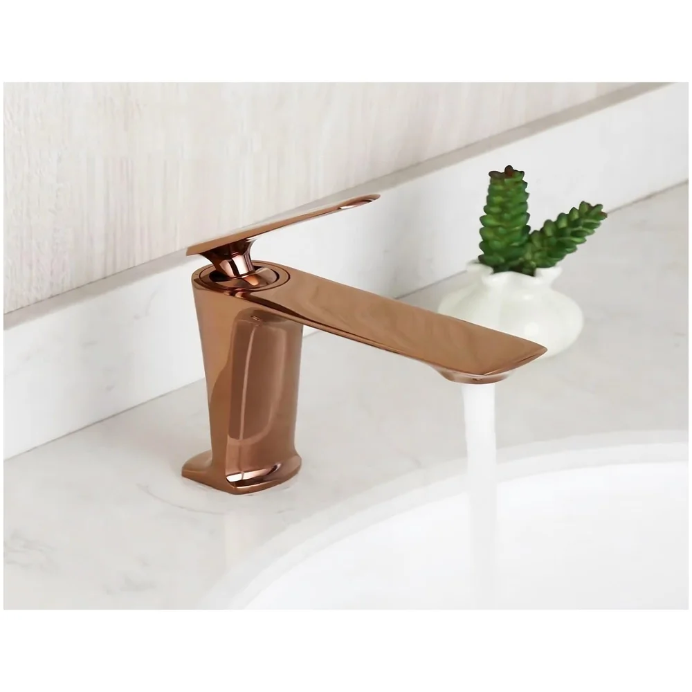 Rose Gold Faucet Tap Mixer Hot and Cold Water Heavy Single Lever Basin Mixer with Ceramic Cartridge for Bathroom Wash Basins - 15 cm x 17cm - Rose Gold