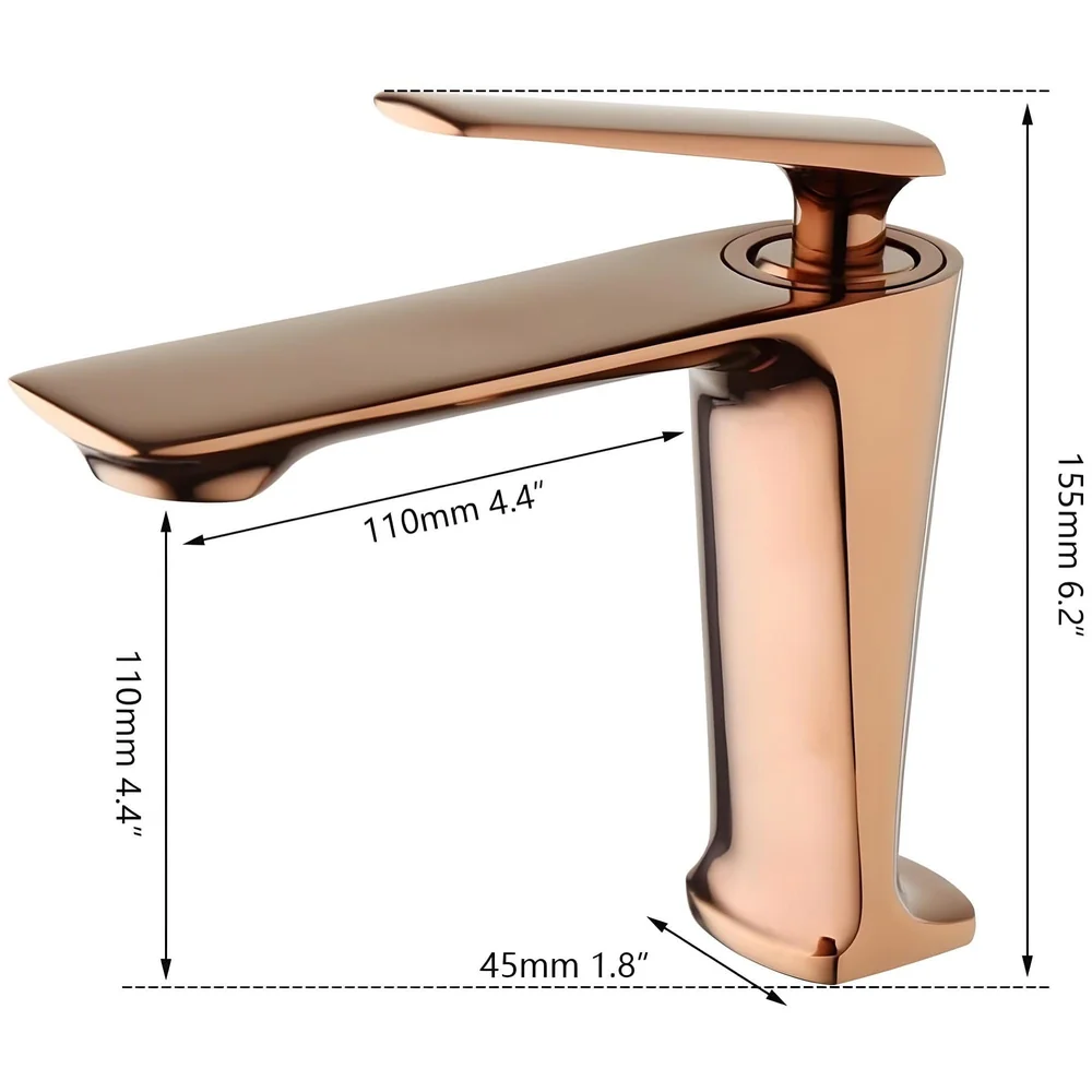 Rose Gold Faucet Tap Mixer Hot and Cold Water Heavy Single Lever Basin Mixer with Ceramic Cartridge for Bathroom Wash Basins - 15 cm x 17cm - Rose Gold
