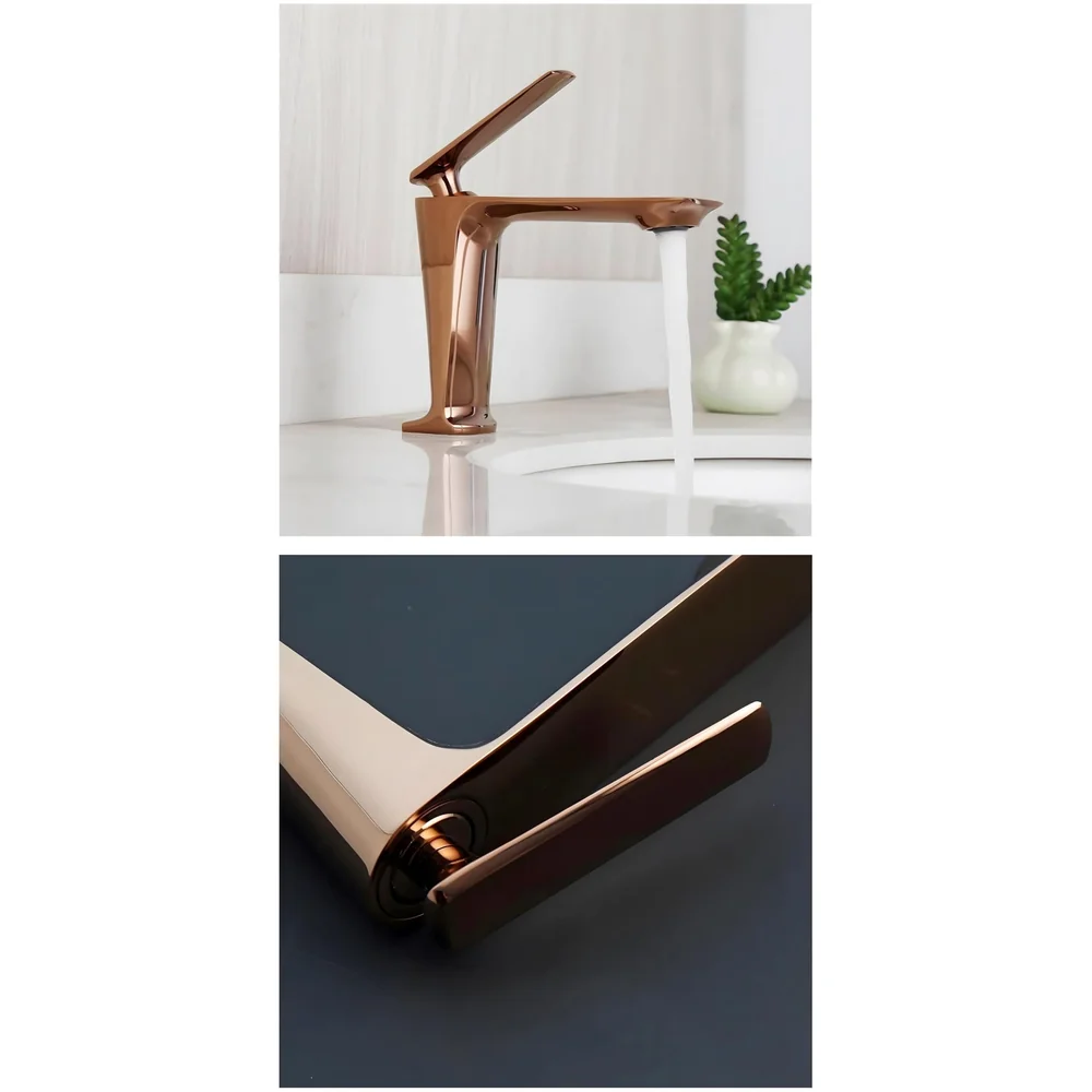 Rose Gold Faucet Tap Mixer Hot and Cold Water Heavy Single Lever Basin Mixer with Ceramic Cartridge for Bathroom Wash Basins - 15 cm x 17cm - Rose Gold