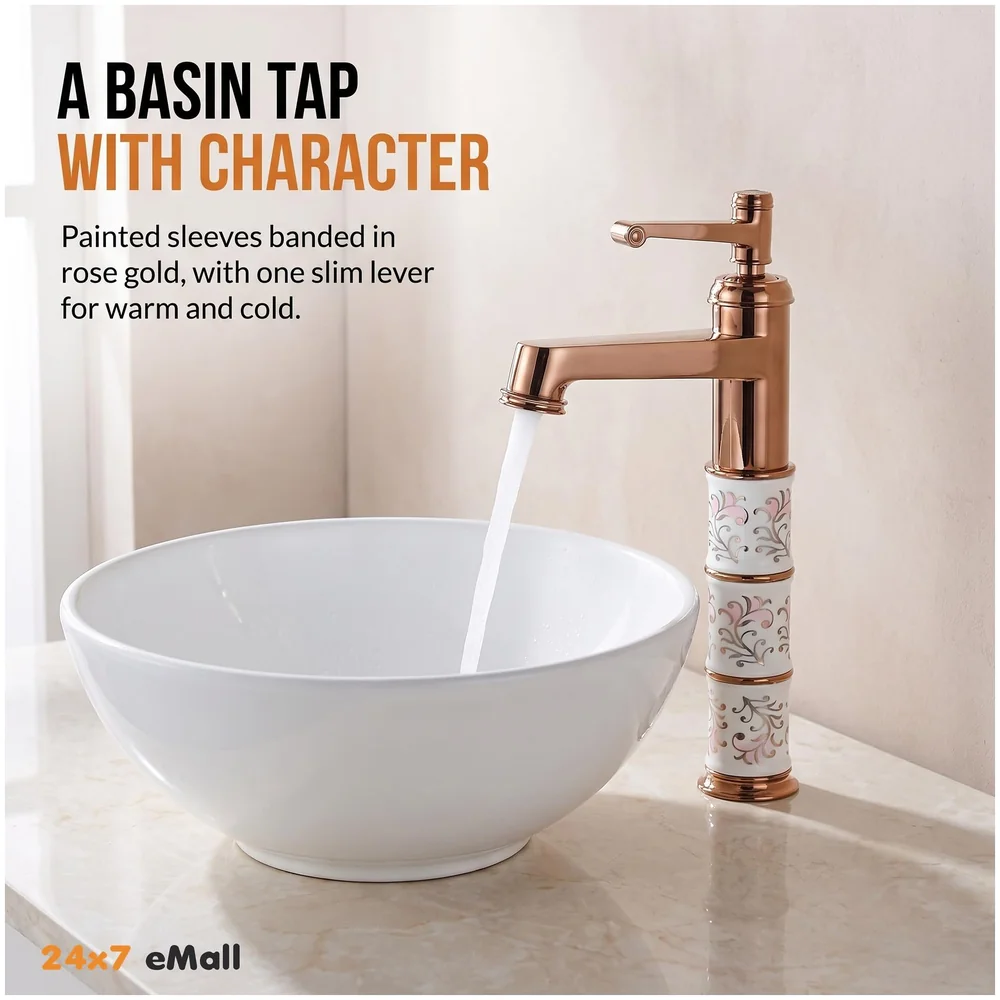 Brass Rose Gold White Flower Basin Mixer Tap Aura Florina 12in