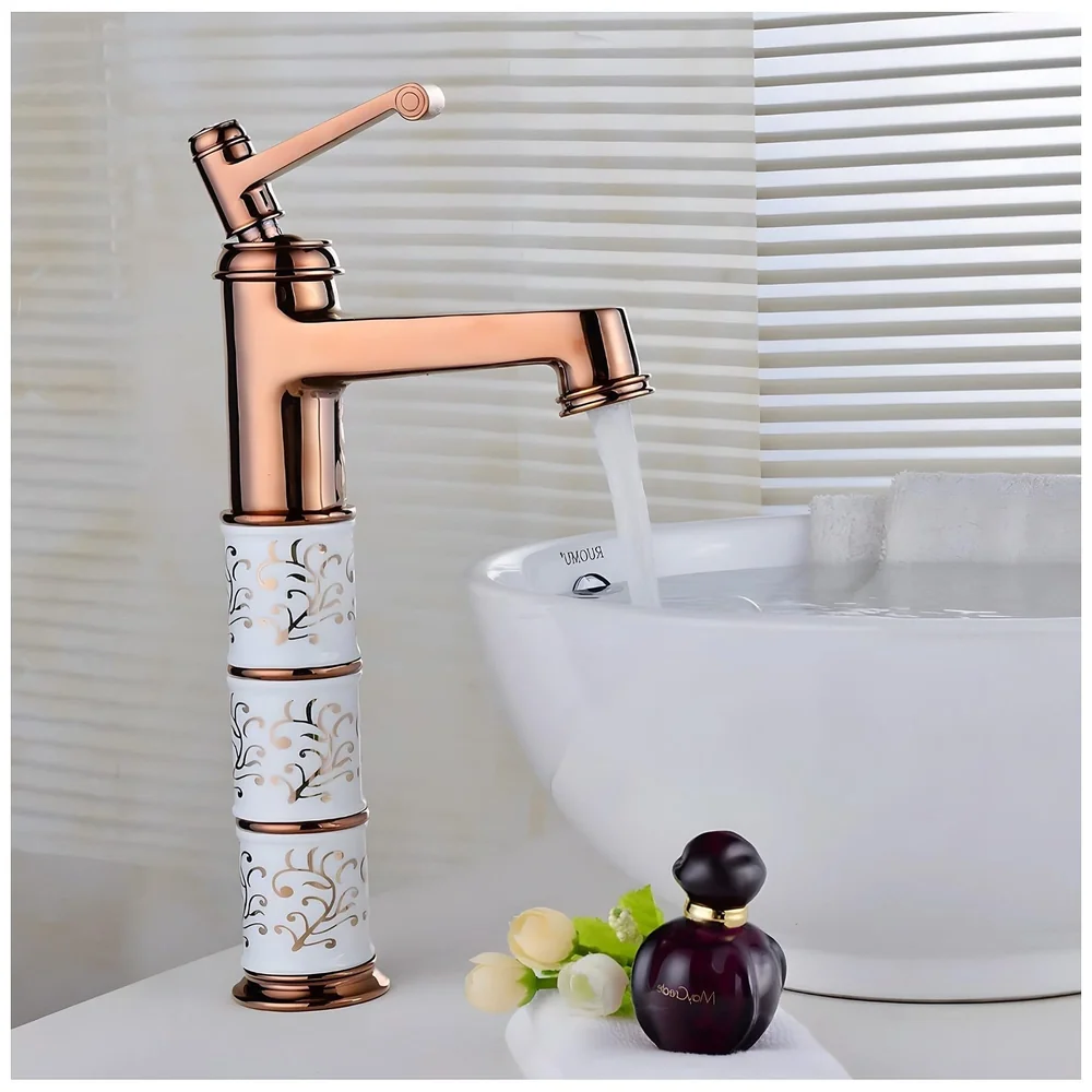 Brass Rose Gold White Flower Basin Mixer Tap Aura Florina 12in