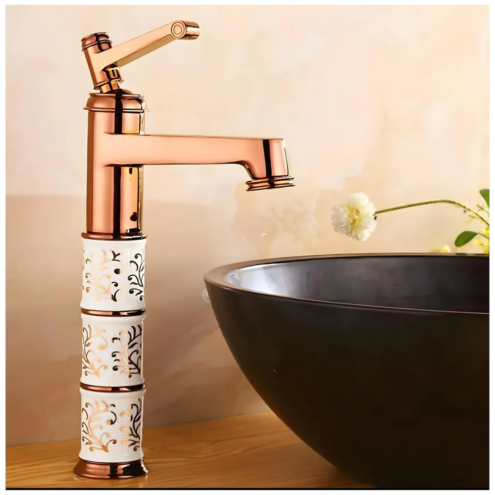 Brass Rose Gold White Flower Basin Mixer Tap Aura Florina 12in