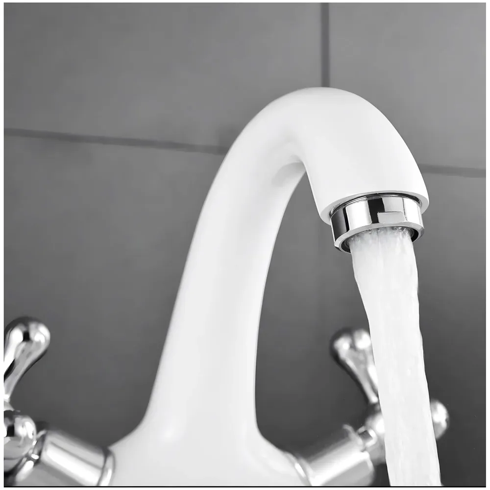White Chrome Silver Faucet Tap Mixer Hot and Cold Water Traditional Collection Zinc Heavy Knob Basin Mixer 6 inches with Connector Pipes and Ceramic Cartridge
