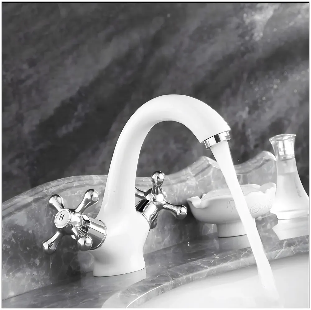 White Chrome Silver Faucet Tap Mixer Hot and Cold Water Traditional Collection Zinc Heavy Knob Basin Mixer 6 inches with Connector Pipes and Ceramic Cartridge