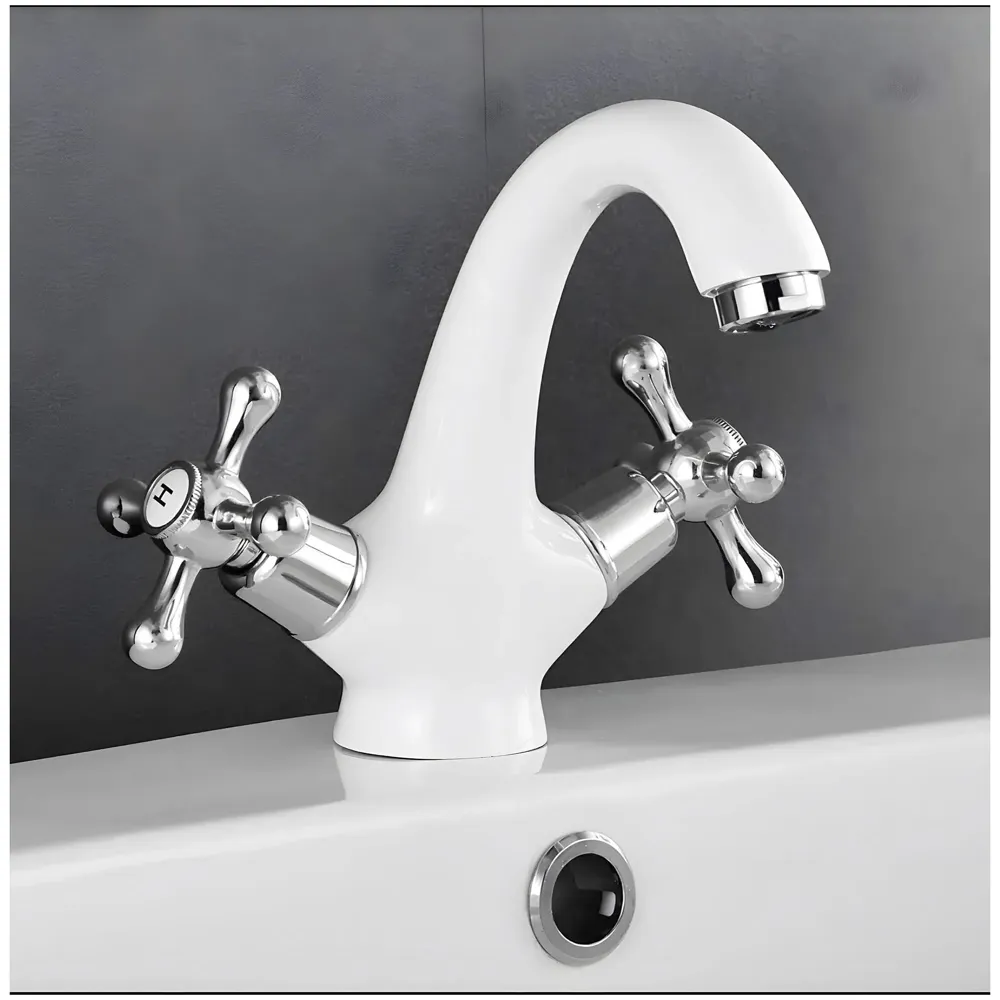 White Chrome Silver Faucet Tap Mixer Hot and Cold Water Traditional Collection Zinc Heavy Knob Basin Mixer 6 inches with Connector Pipes and Ceramic Cartridge