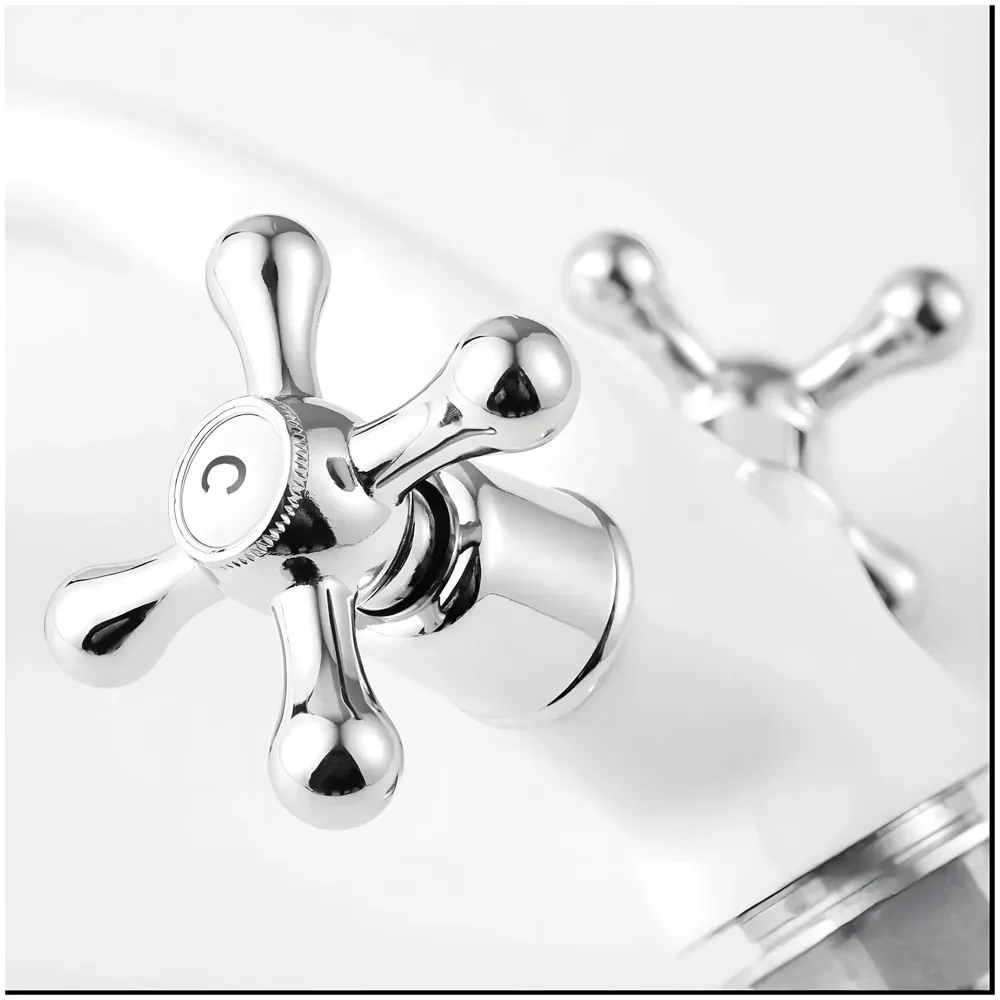White Chrome Silver Faucet Tap Mixer Hot and Cold Water Traditional Collection Zinc Heavy Knob Basin Mixer 6 inches with Connector Pipes and Ceramic Cartridge